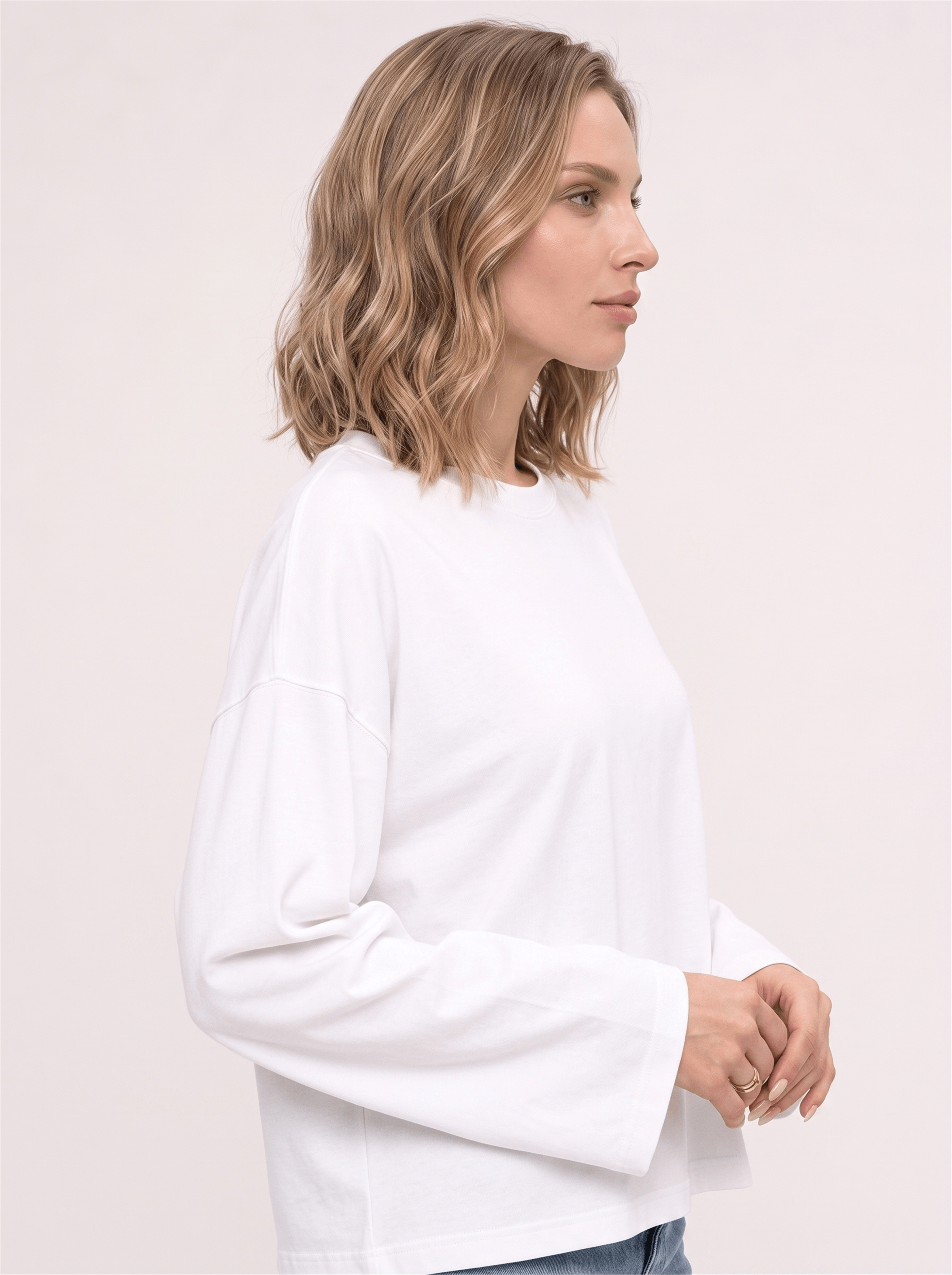 Kadın %100 Pamuk Bisiklet Yaka Uzun Kollu T-shirt Beyaz