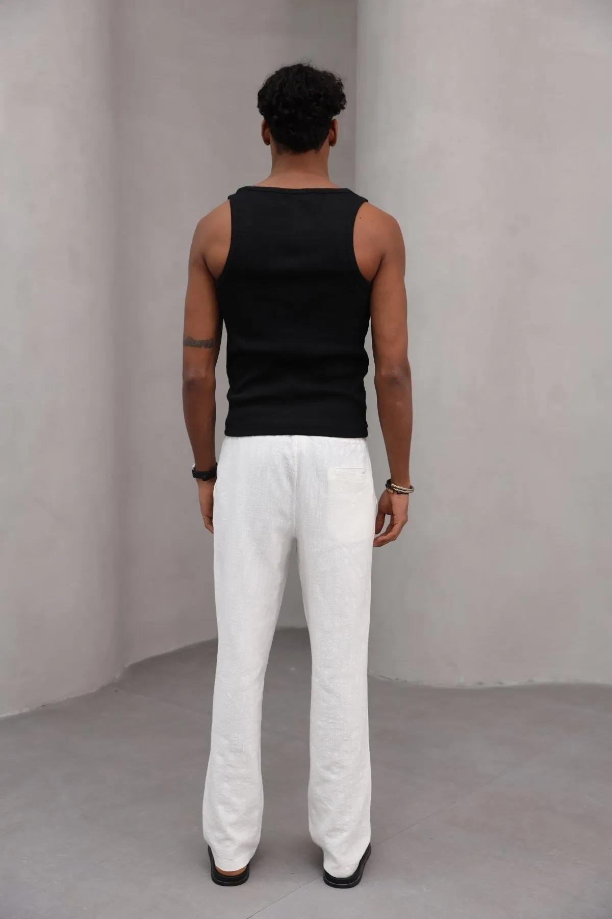 Erkek Premium Rahat Kesim %100 Cotton Bağcıklı Erkek Pantolon Beyaz