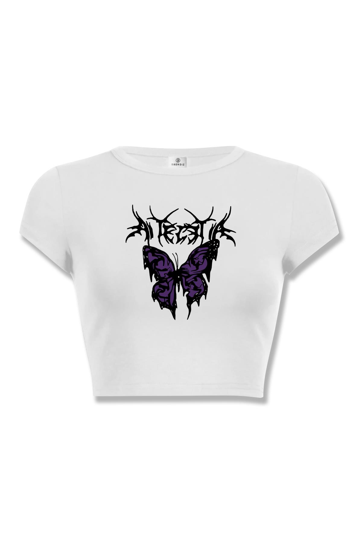 Kadın Gothic Purple Butterfly Crop Beyaz