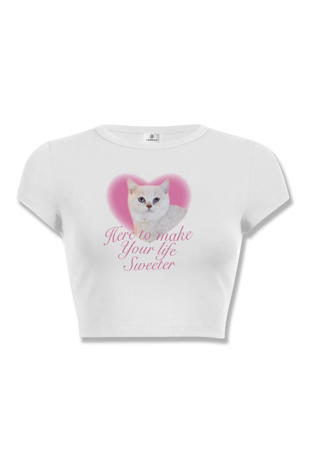 Kadın Pretty Cat & Heart Crop Beyaz