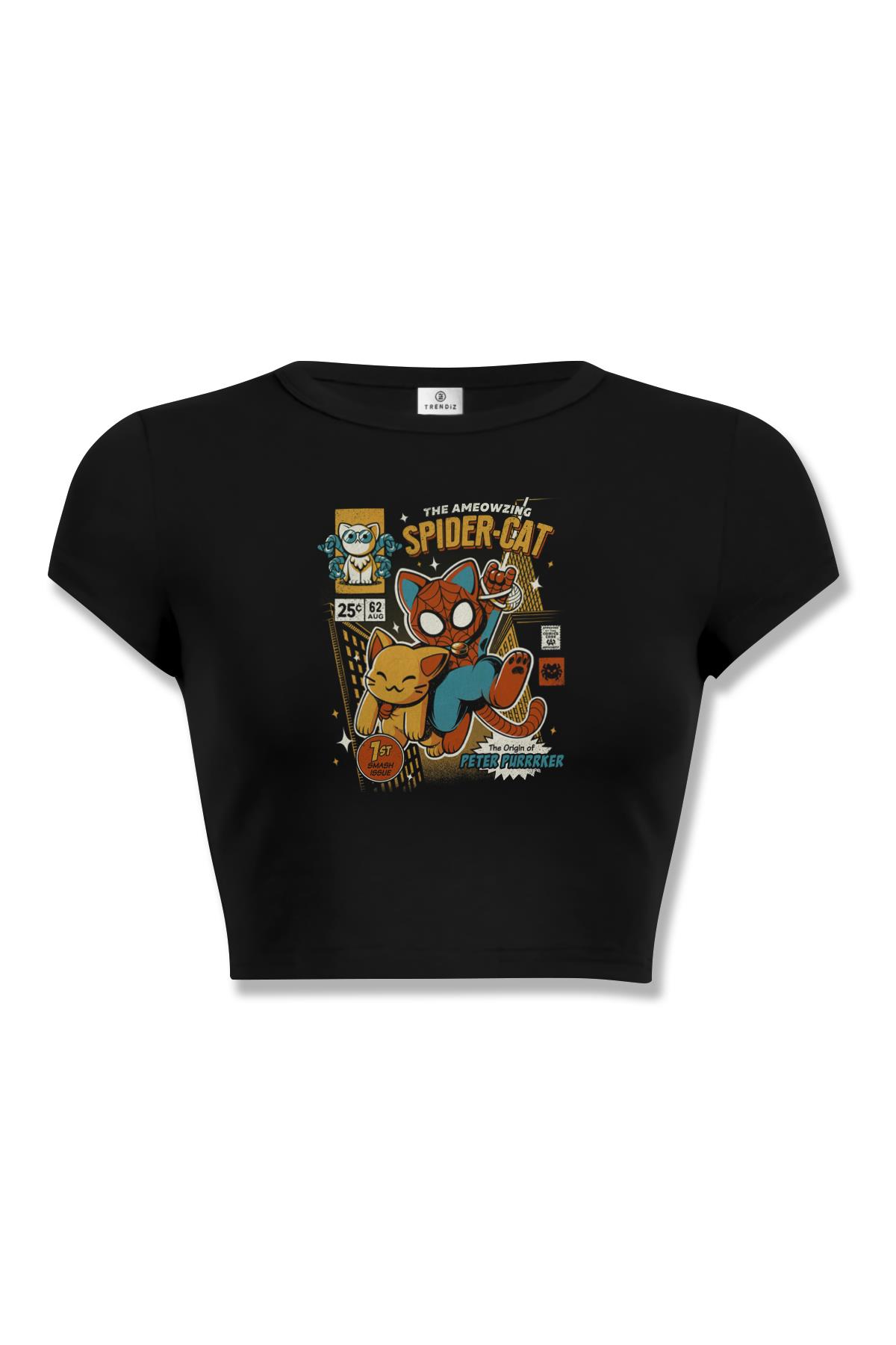 Kadın Spider Cat Crop Siyah