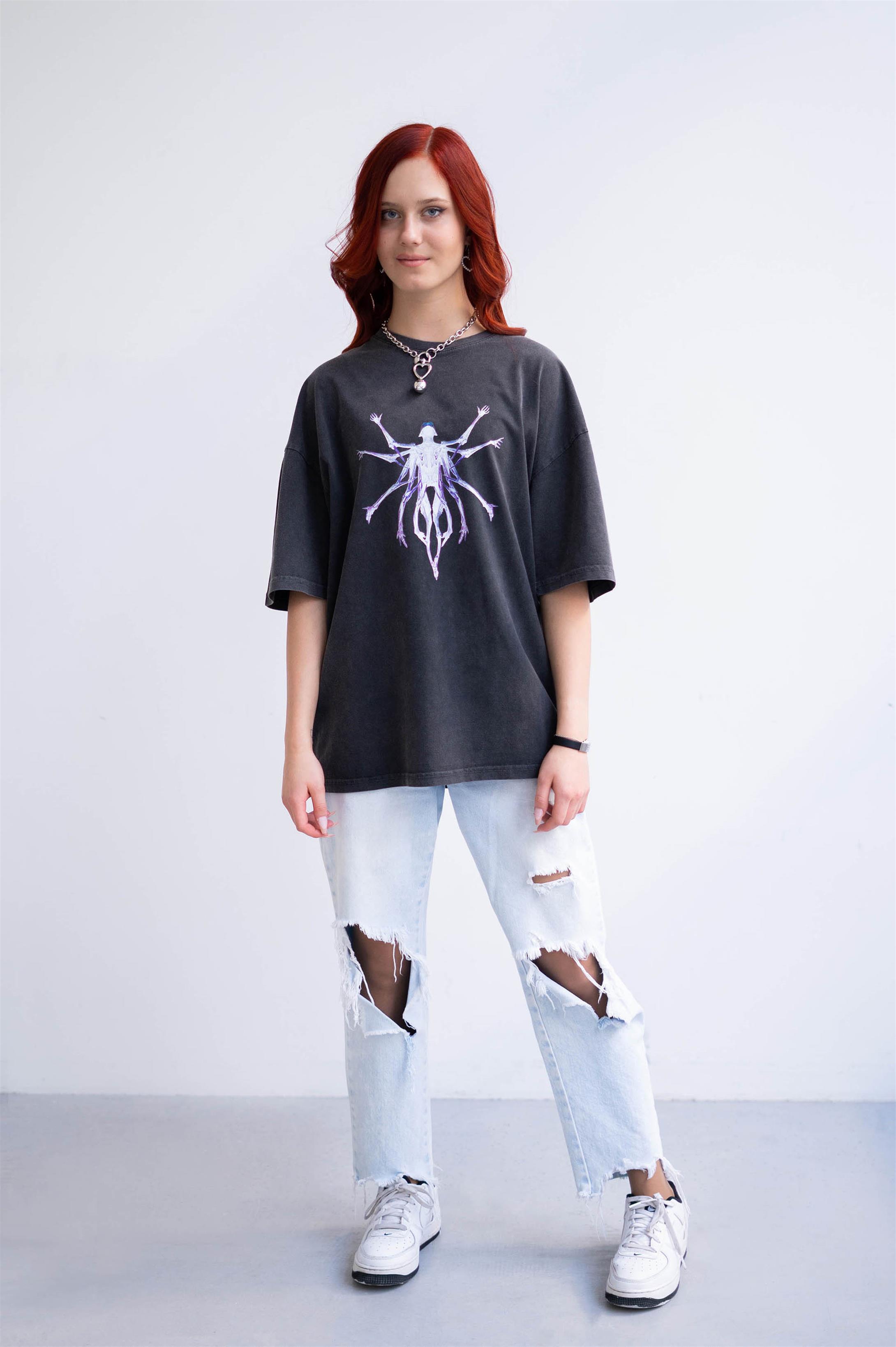 Trendiz Unisex Alien Yıkamalı Antrasit Antasit Tshirt