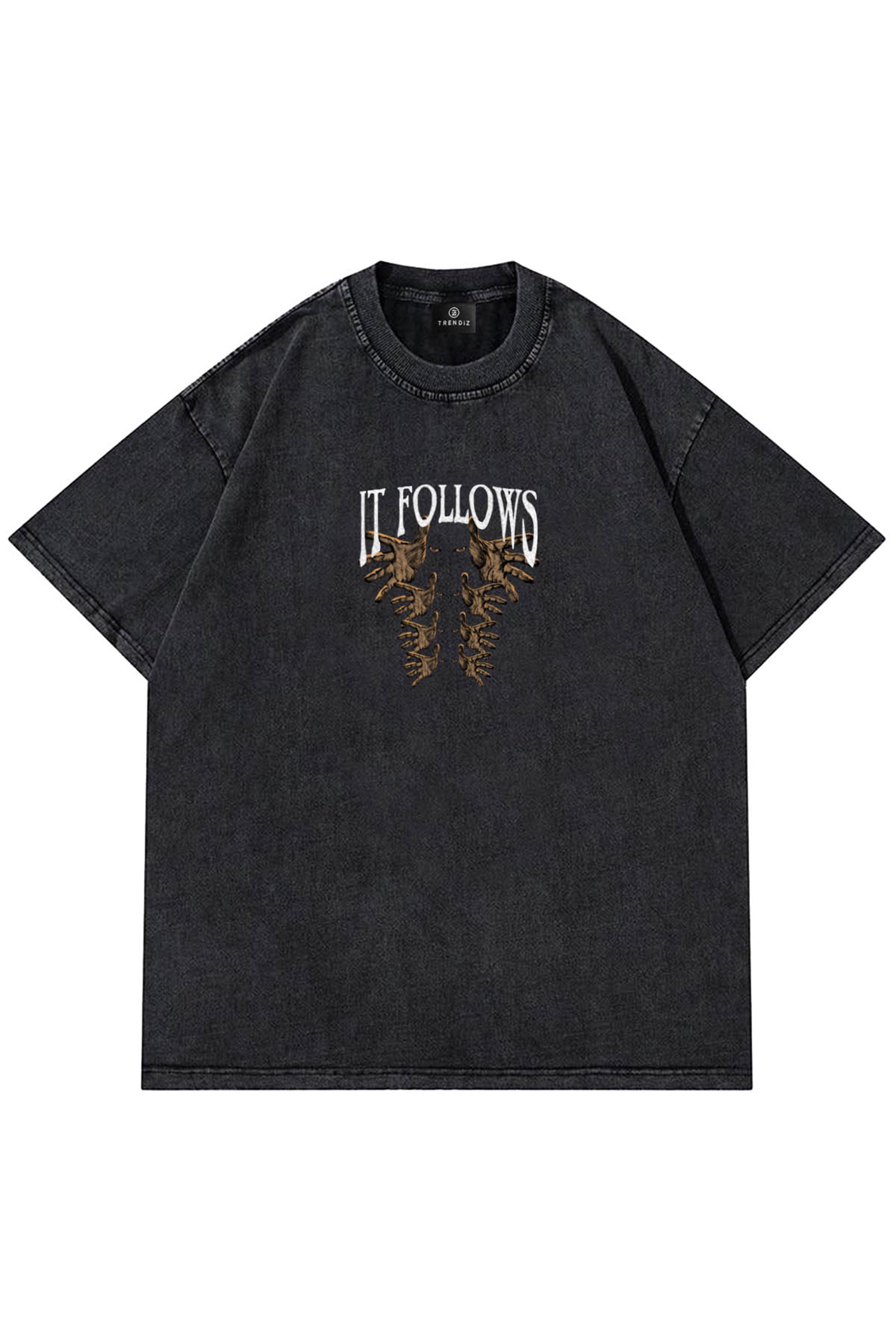 Trendiz Unisex Gri  İt Follows Yıkamalı Tshirt