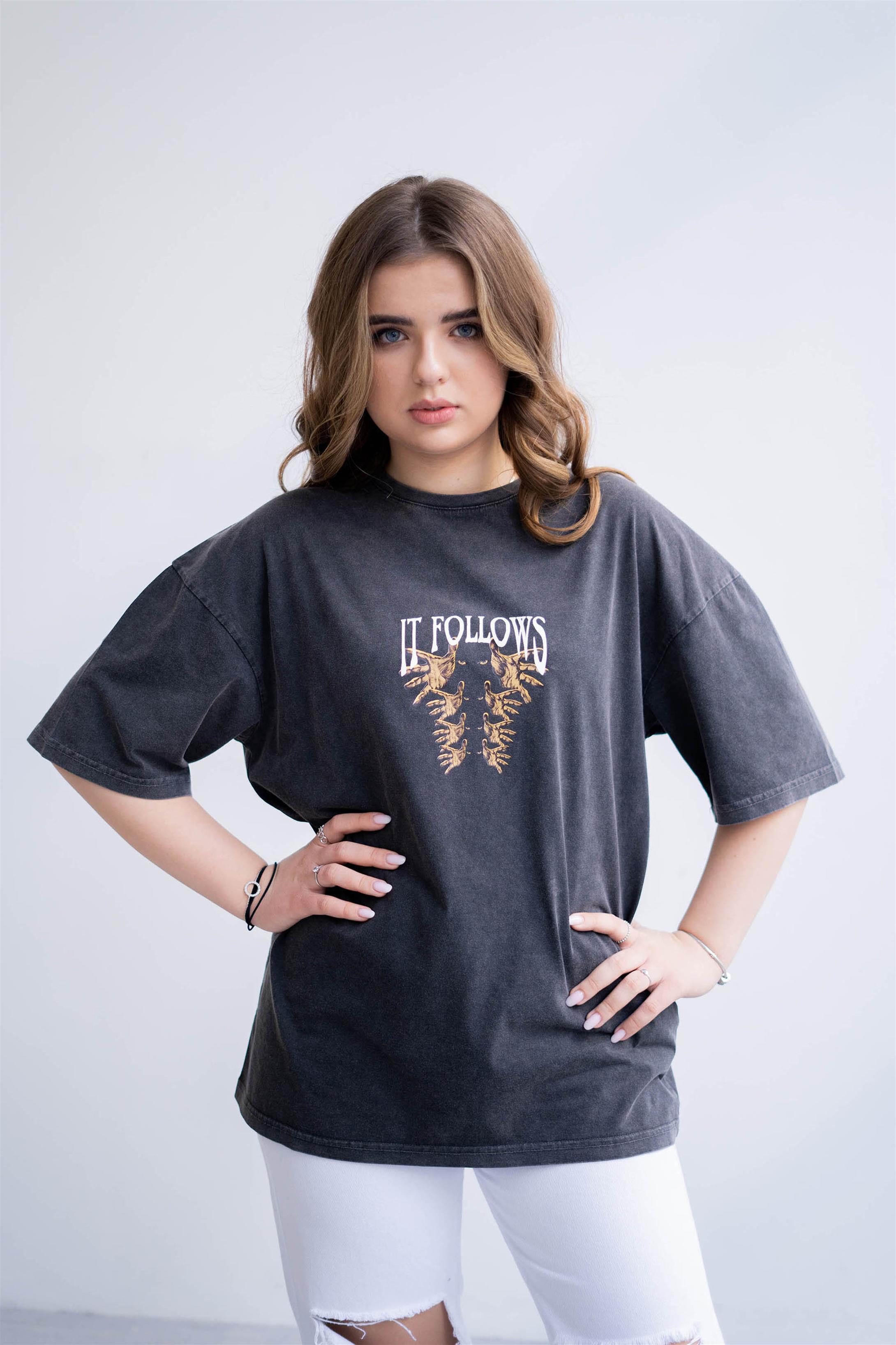 Trendiz Unisex Gri  İt Follows Yıkamalı Tshirt