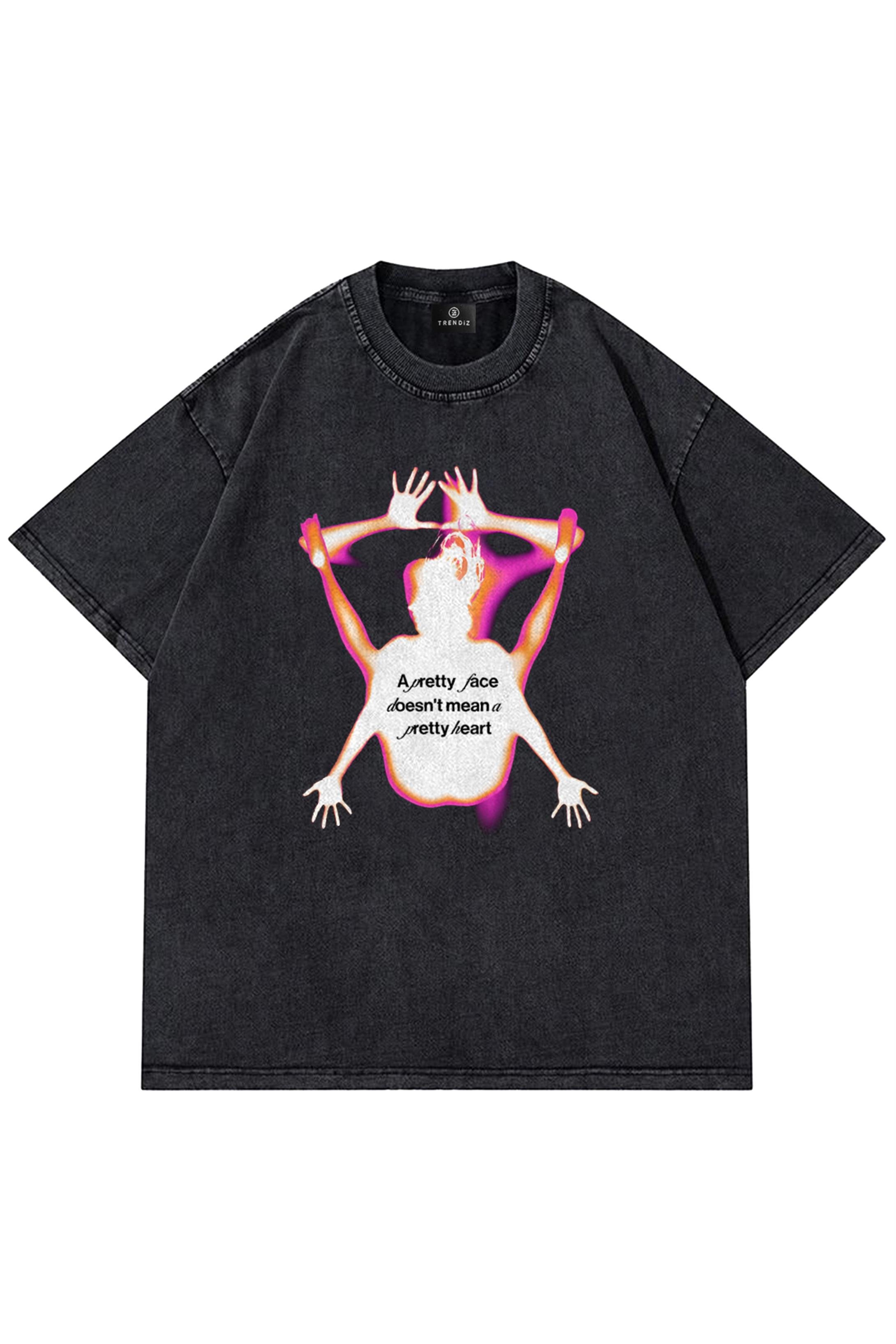 Trendiz Unisex Pretty Face Yıkamalı Tshirt Antrasit