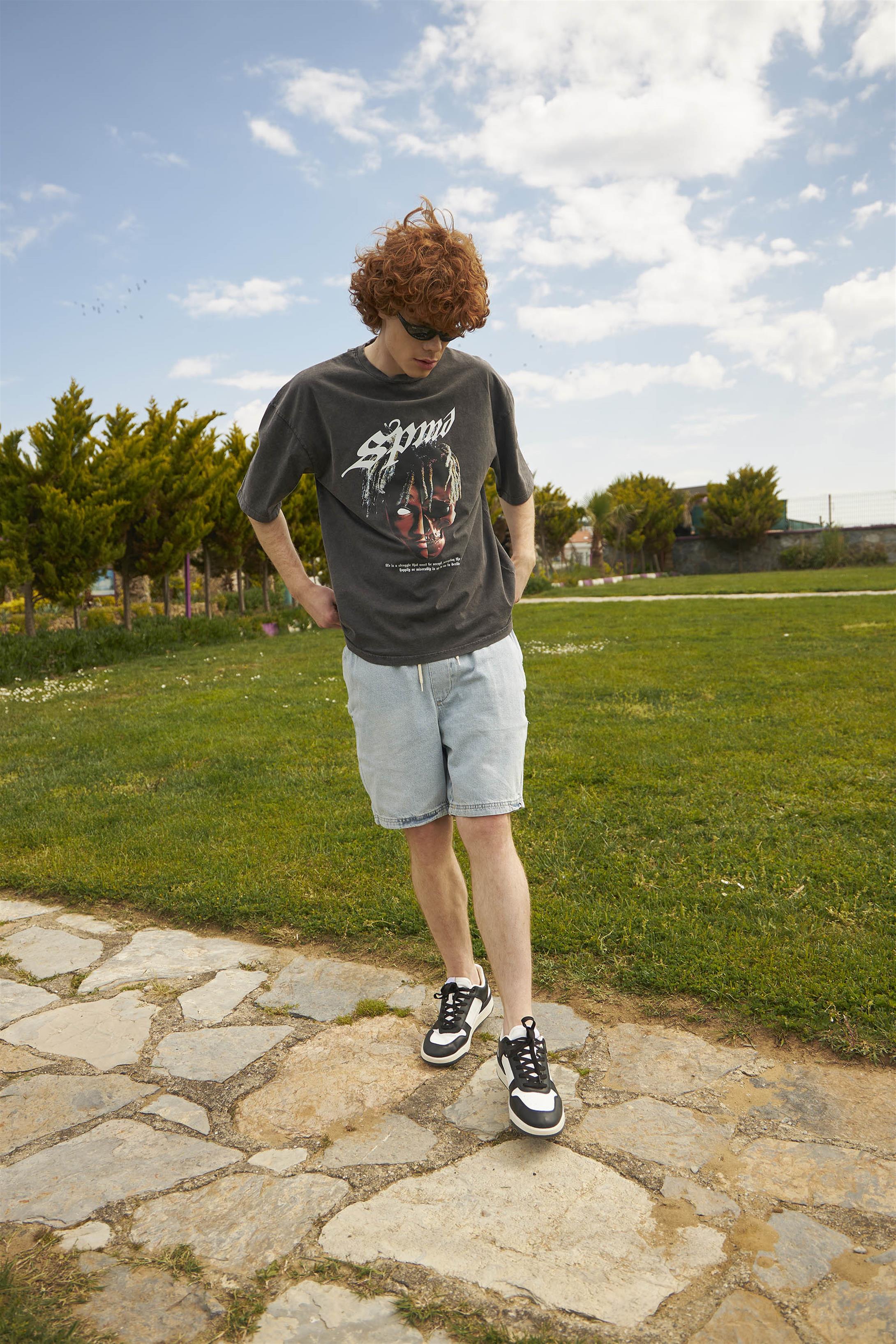 Trendiz Unisex Skull Rapper Yıkamalı Tshirt Antrasit