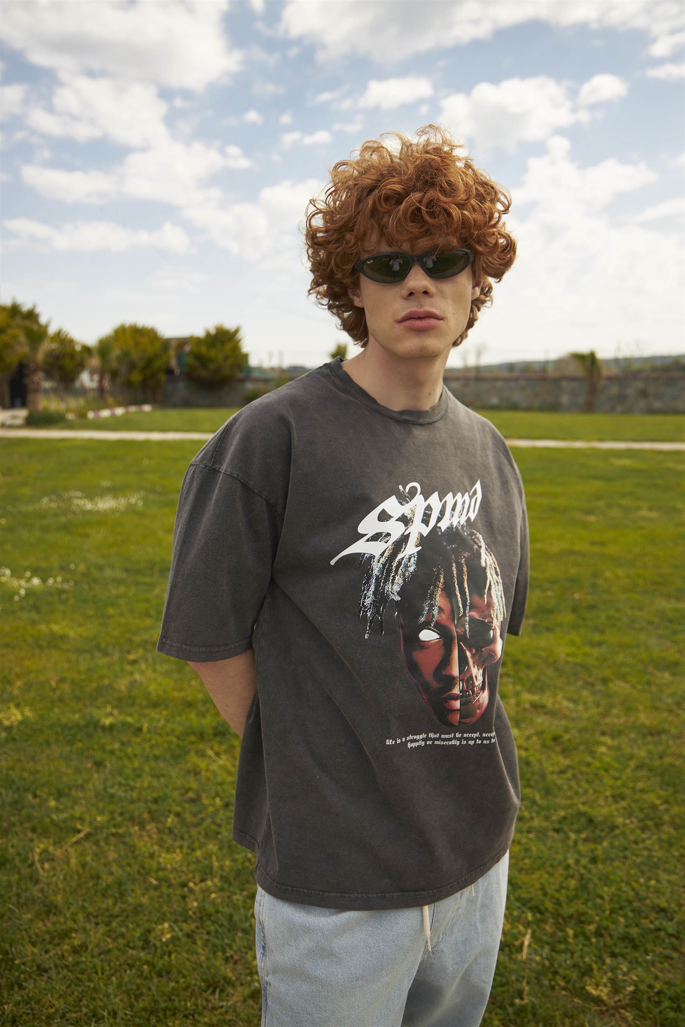 Trendiz Unisex Skull Rapper Yıkamalı Tshirt Antrasit