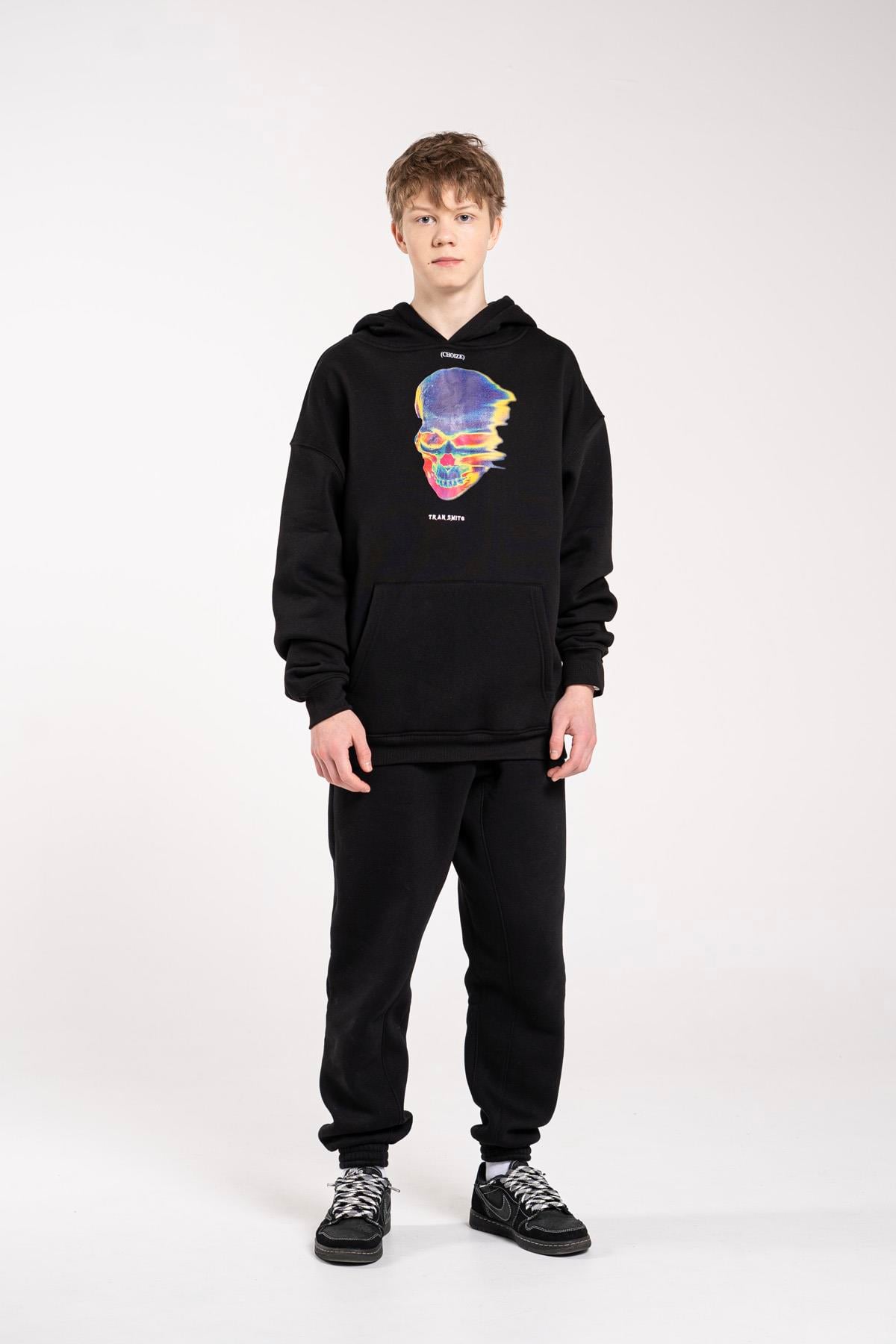 Trendiz Unisex Thermal Skull Sweatshirt Hoodie Siyah