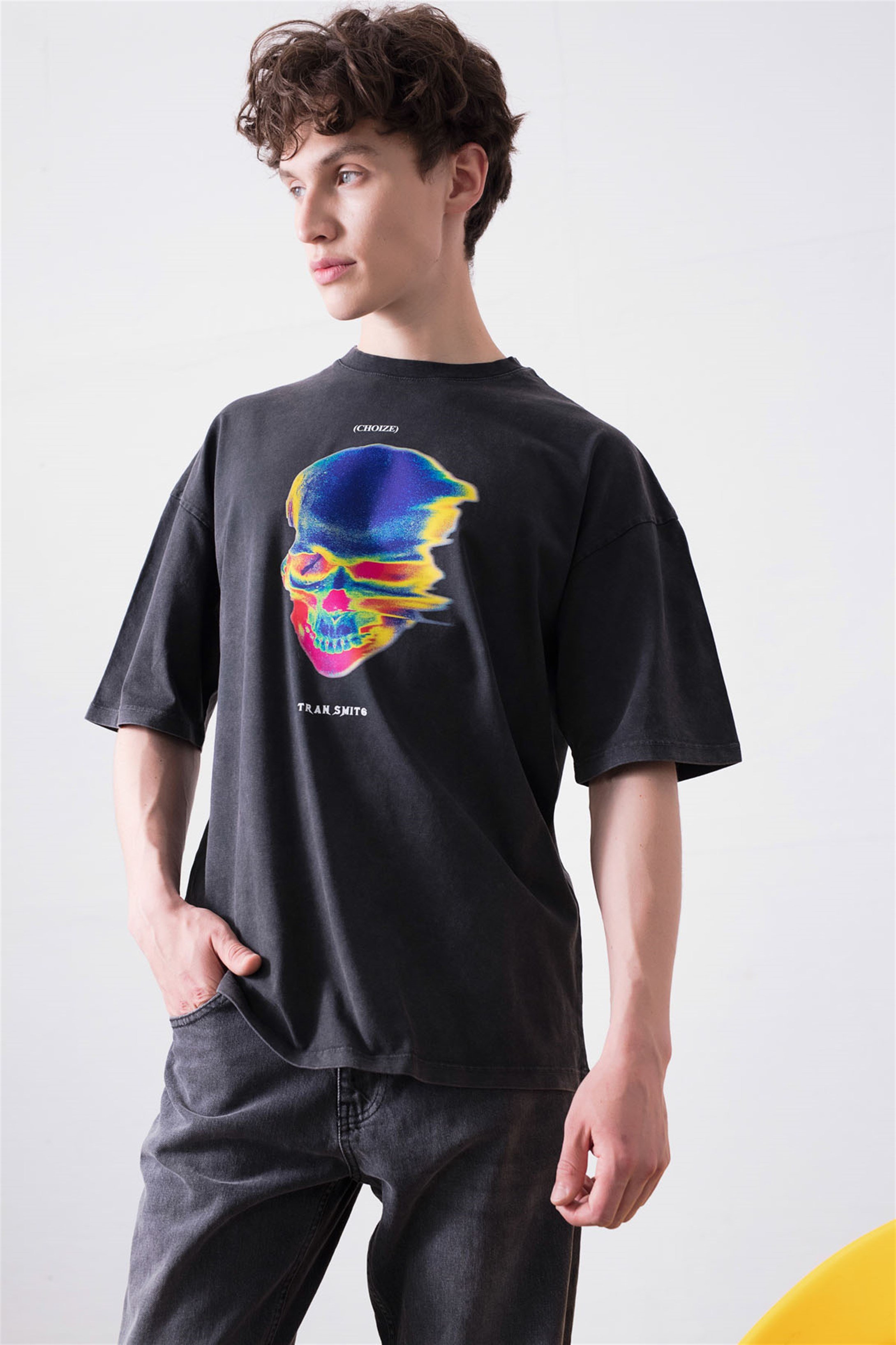 Trendiz Unisex Thermal Skull Yıkamalı Antrasit Tshirt