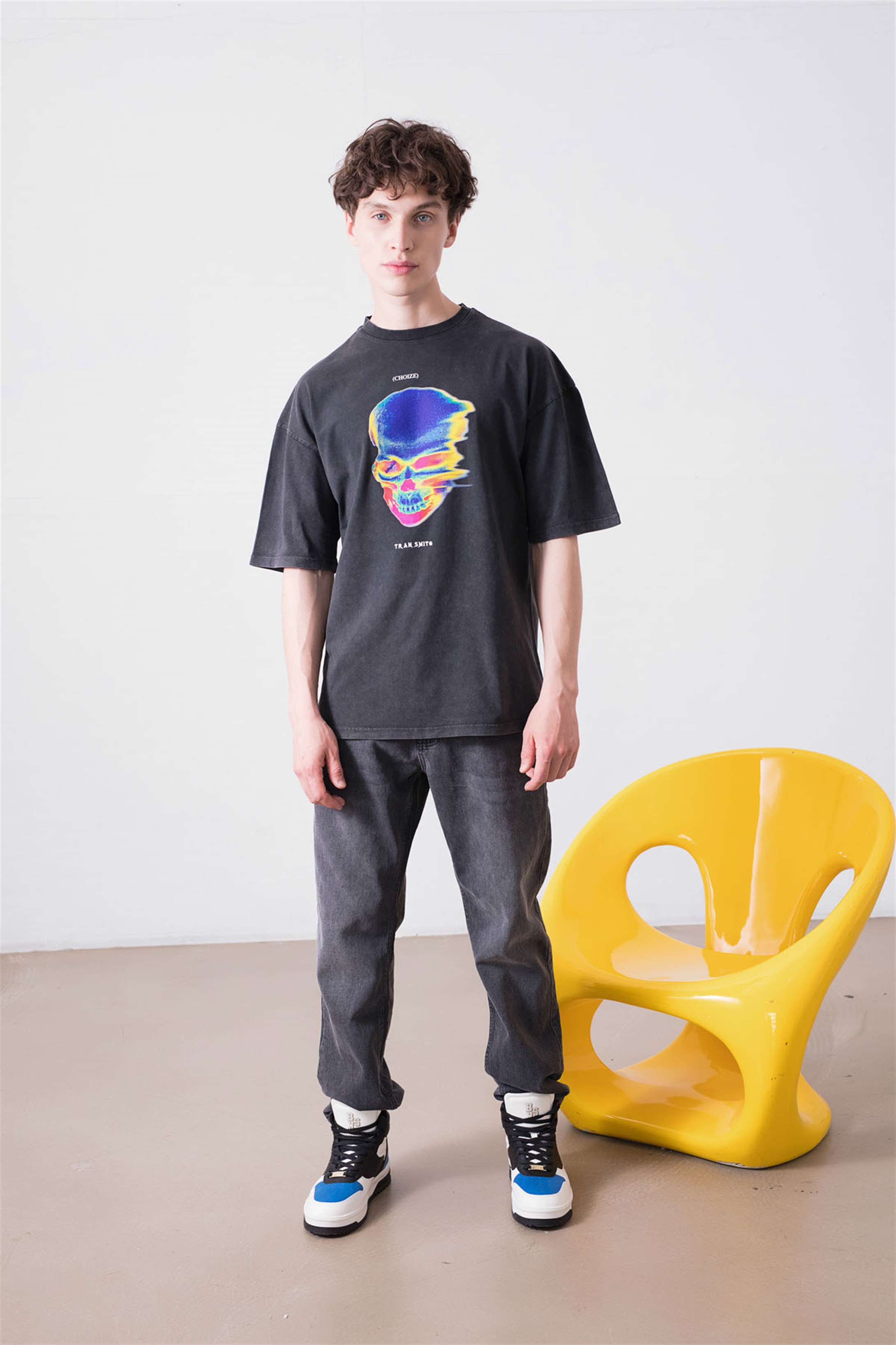 Trendiz Unisex Thermal Skull Yıkamalı Antrasit Tshirt