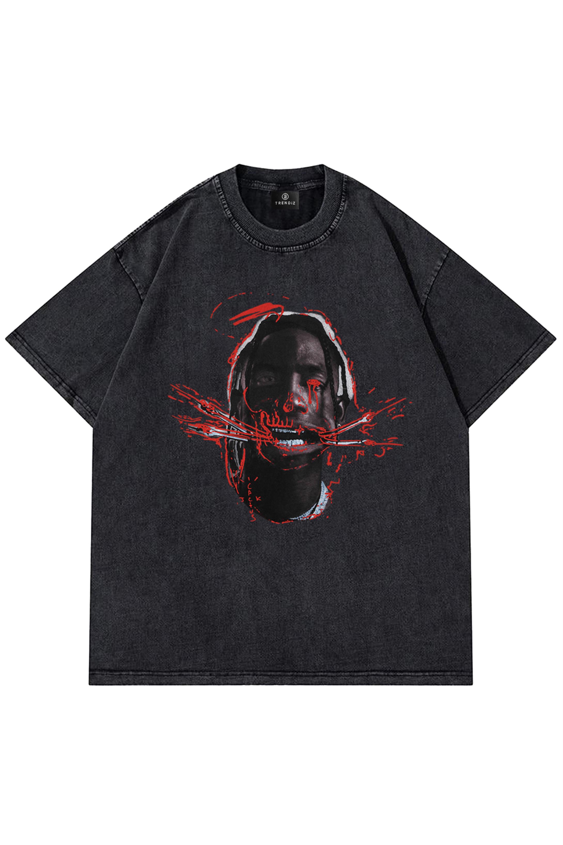 Trendiz Unisex Travis Red Yıkamalı Tshirt Antrasit