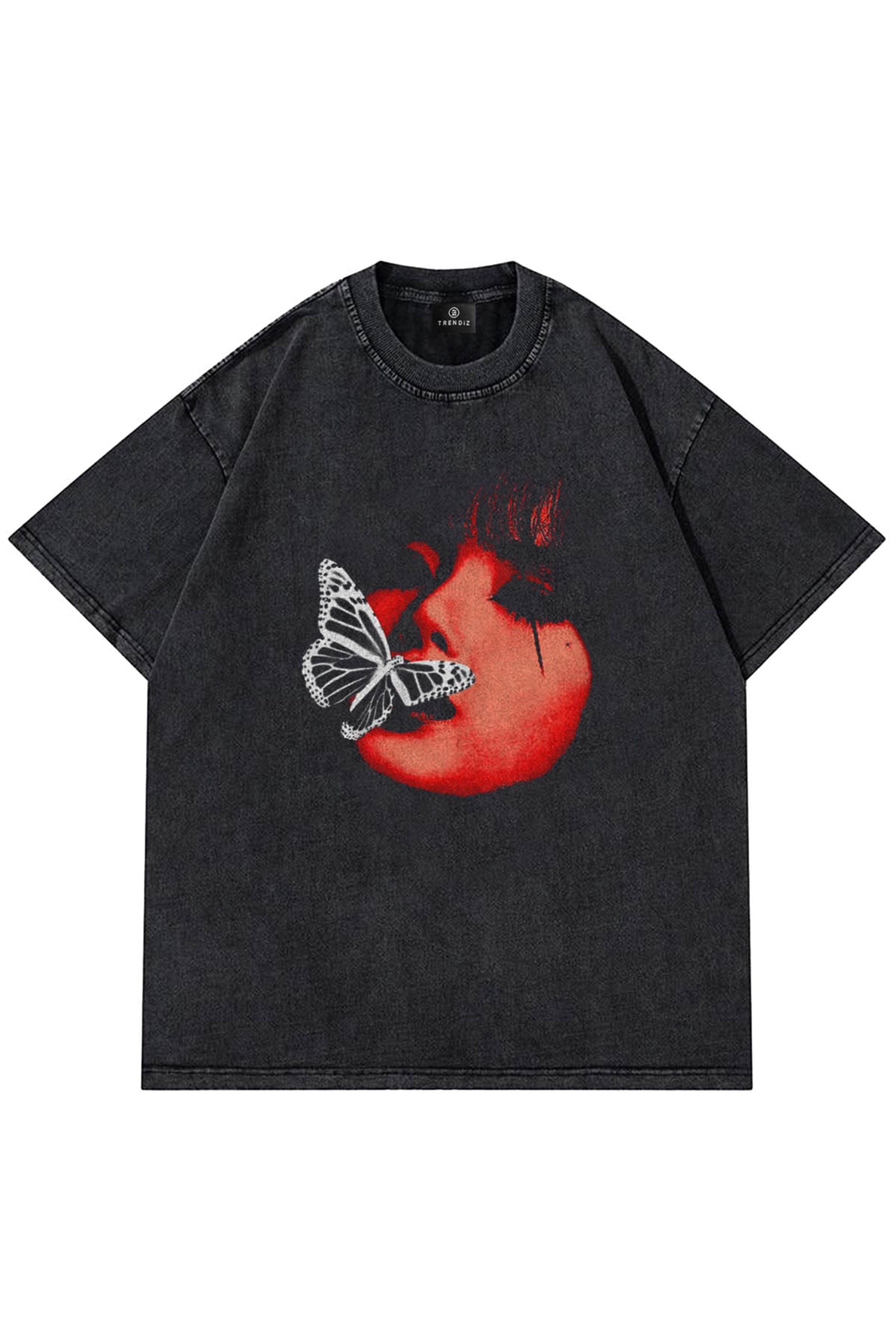 Trendiz Unisex Yıkamalı Kelebekli Antrasit Tshirt