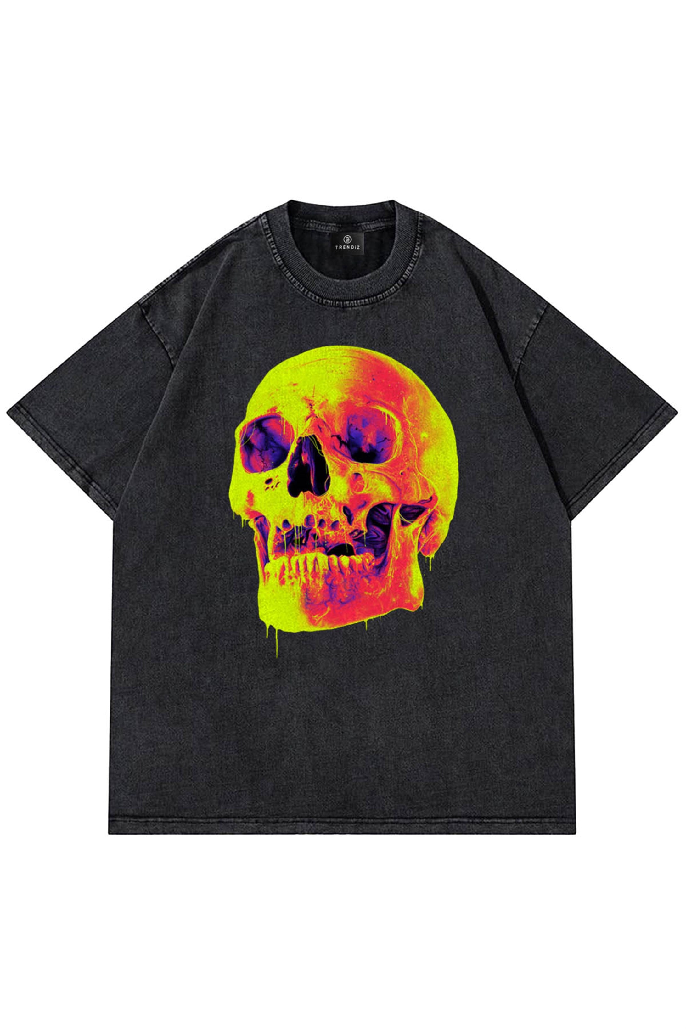 Trendiz Unisex Yıkamalı Sarı Skull Antrasit Tshirt
