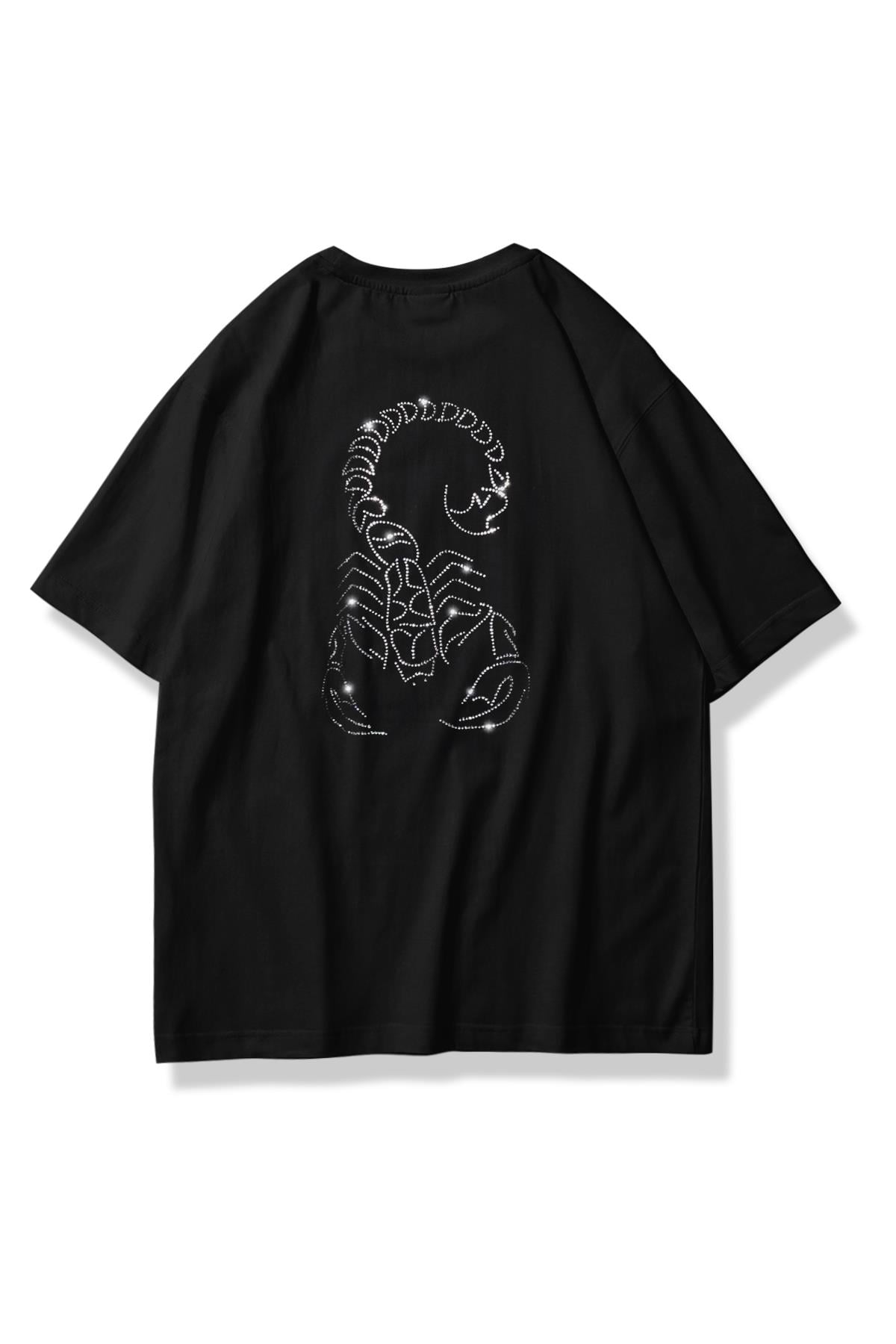 Unisex Akrep Taş Baskılı Tshirt Siyah