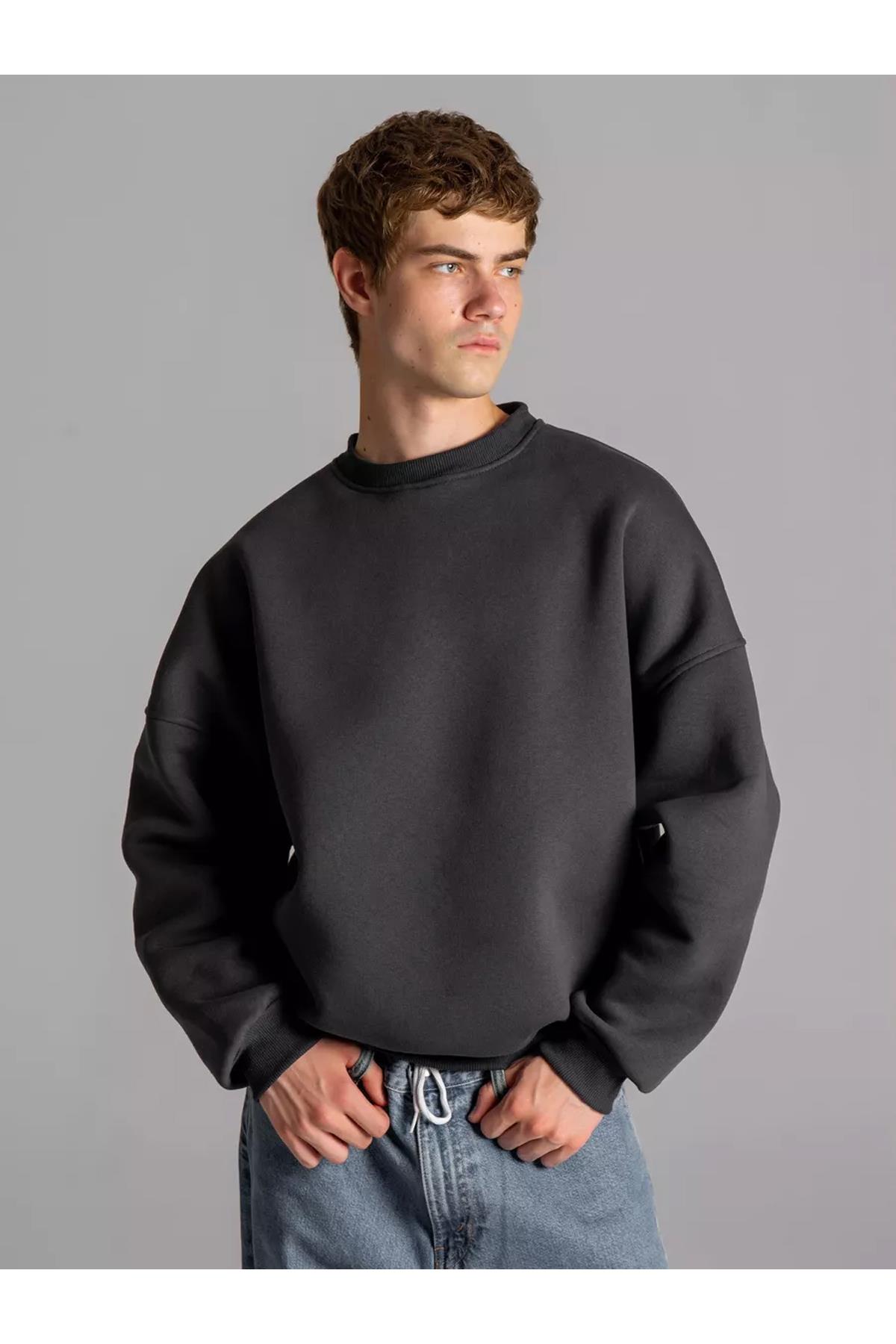 Unisex Basic Bisiklet Yaka Sweatshirt Antrasit