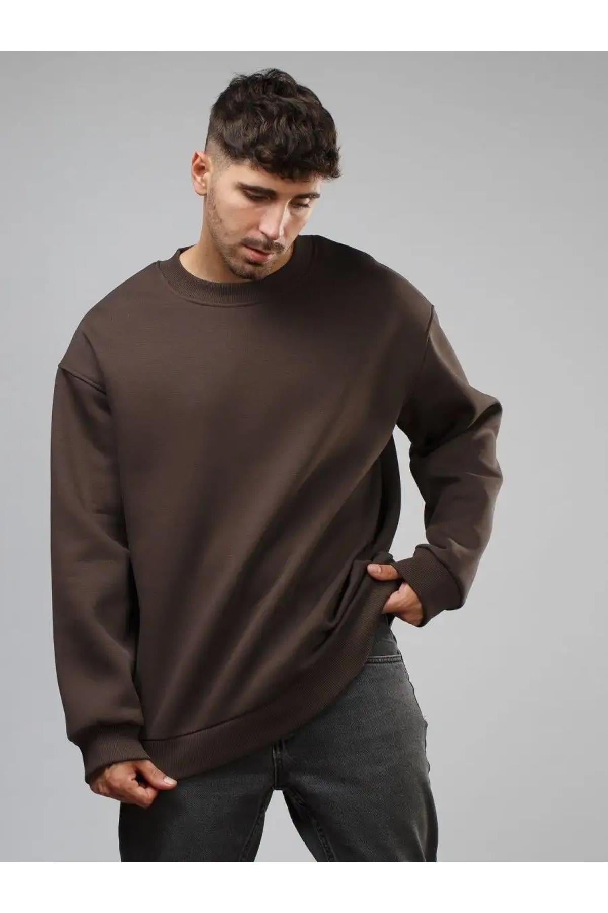 Unisex Basic Bisiklet Yaka Sweatshirt Kahve