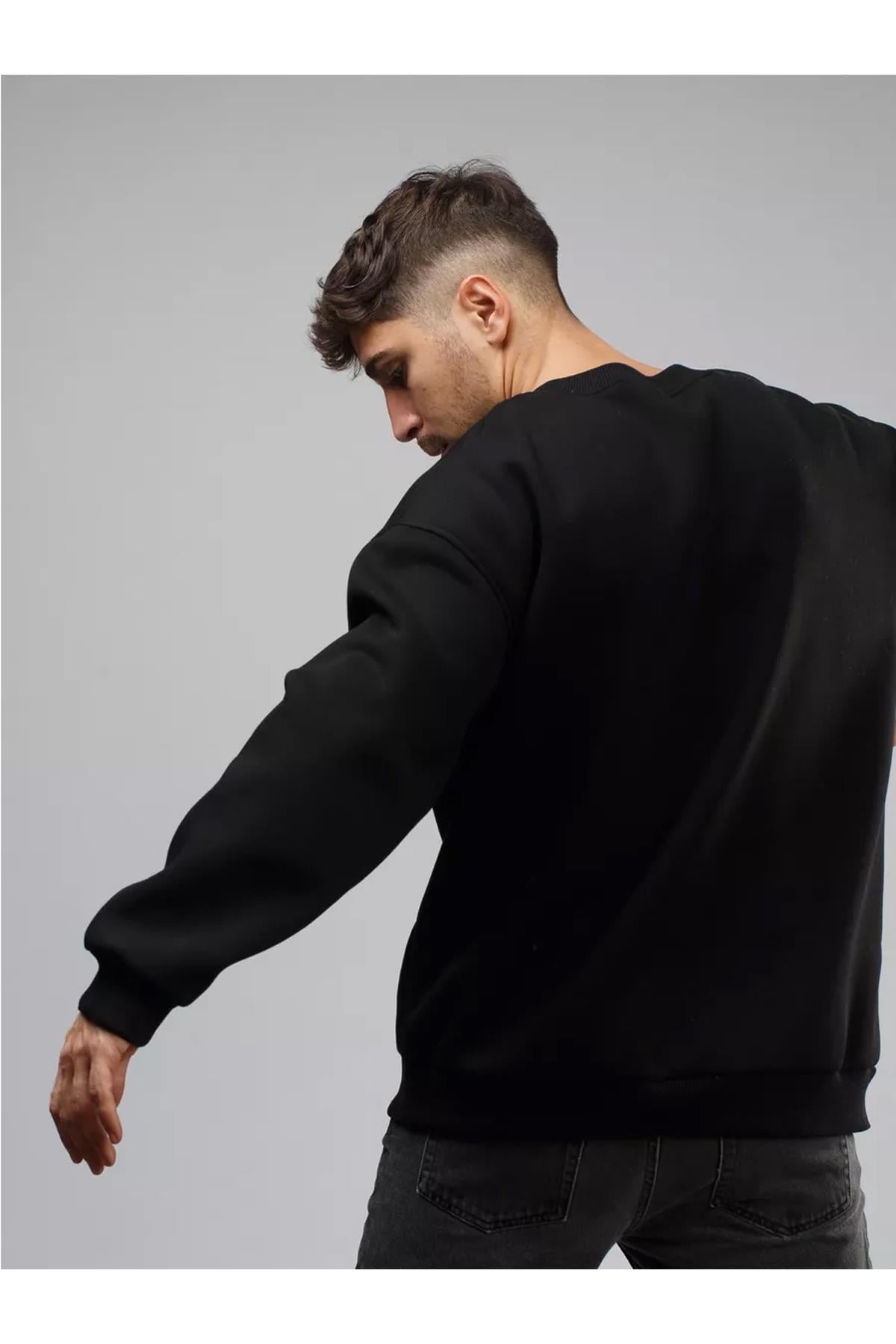 Unisex Basic Bisiklet Yaka Sweatshirt Siyah