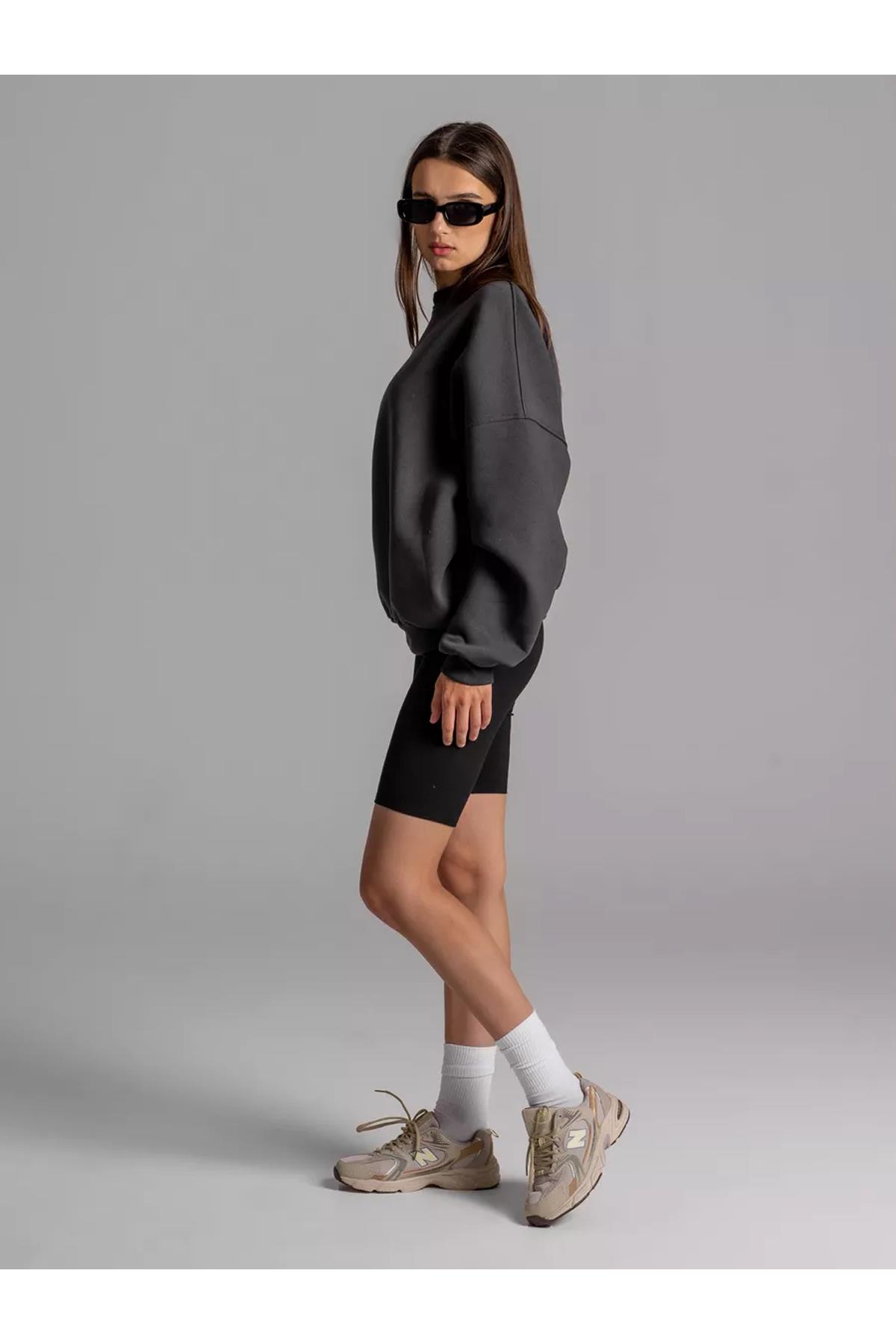 Unisex Basic Bisiklet Yaka Sweatshirt Antrasit