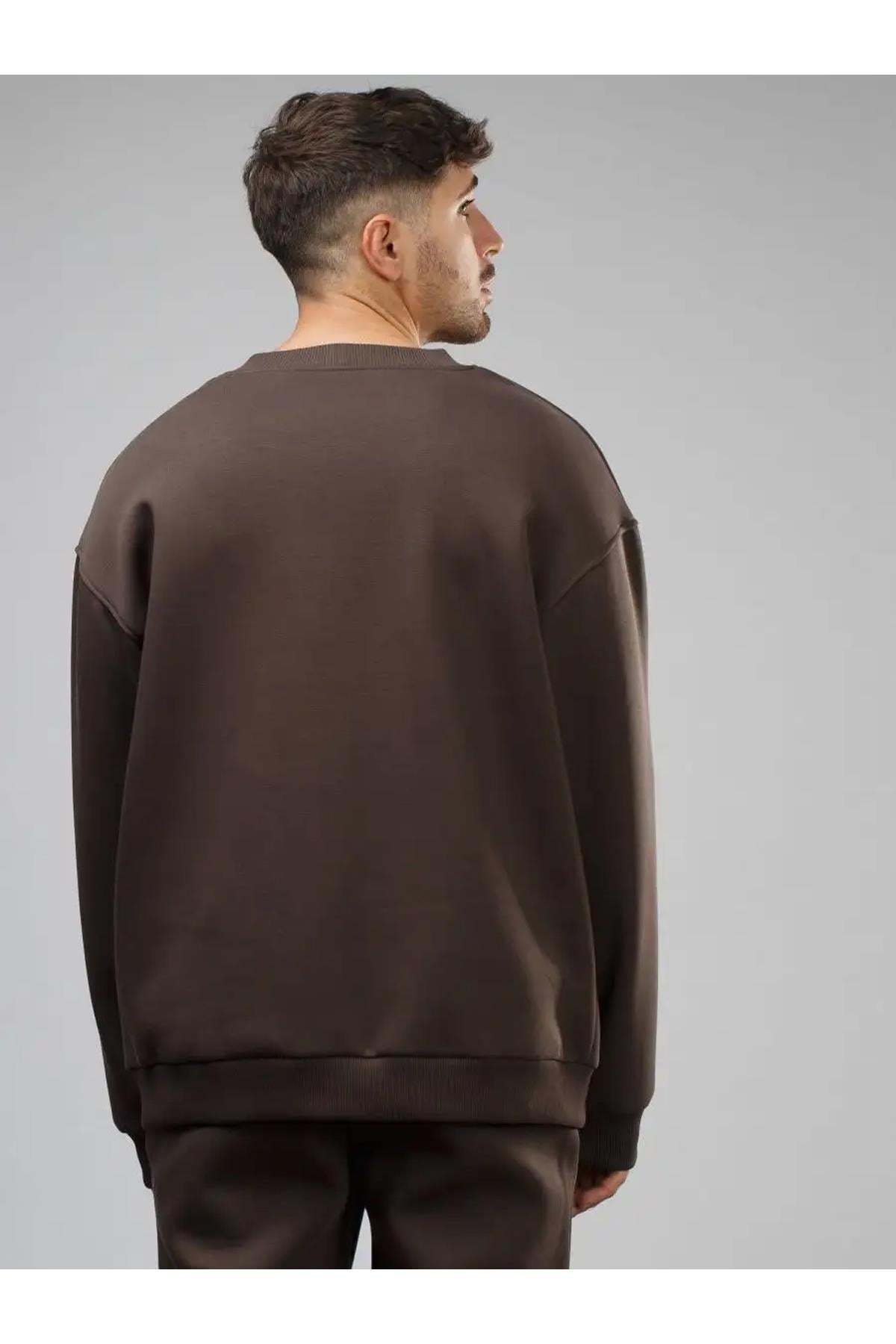 Unisex Basic Bisiklet Yaka Sweatshirt Kahve