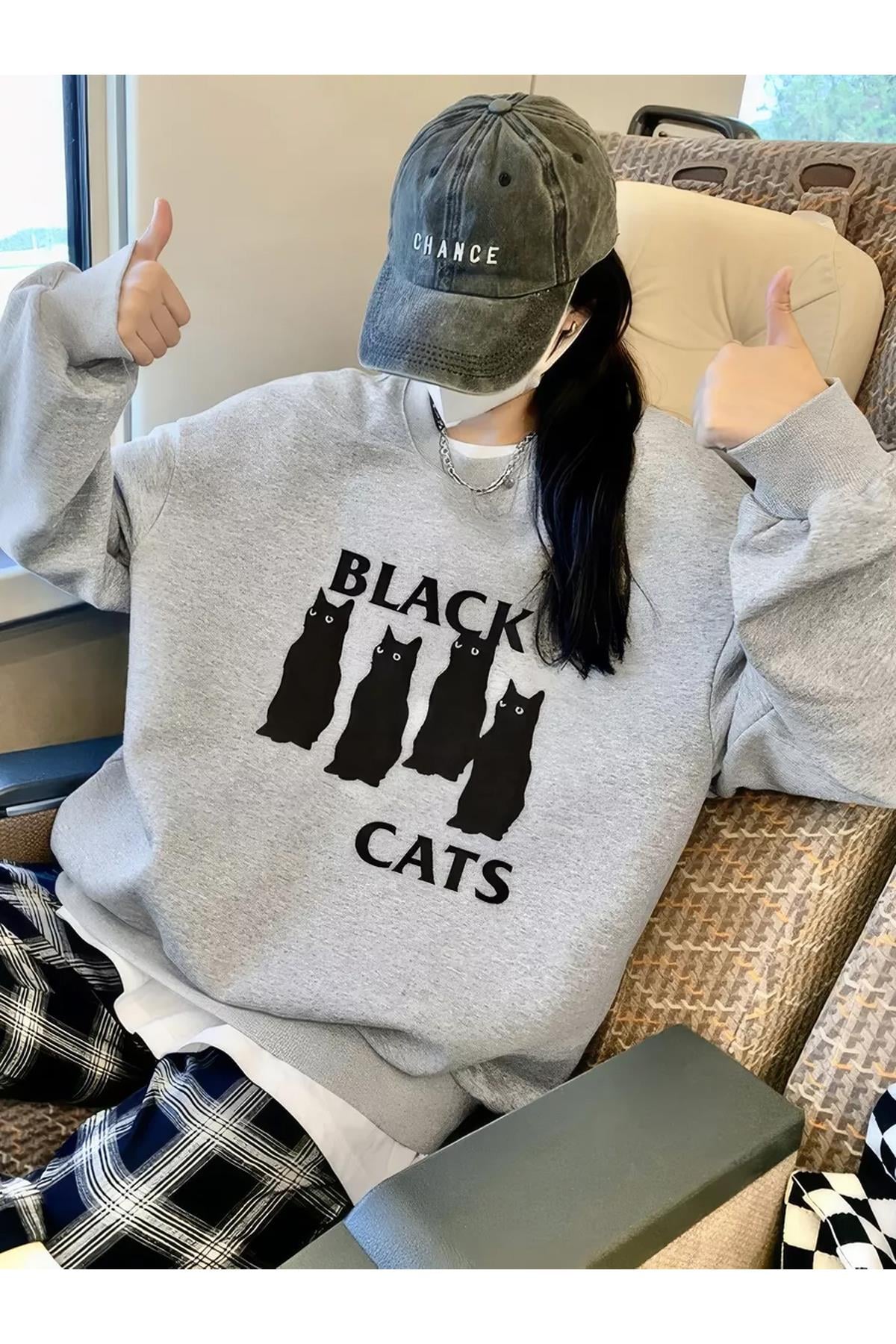 Unisex Black Cats Bisiklet Yaka Sweatshirt Gri