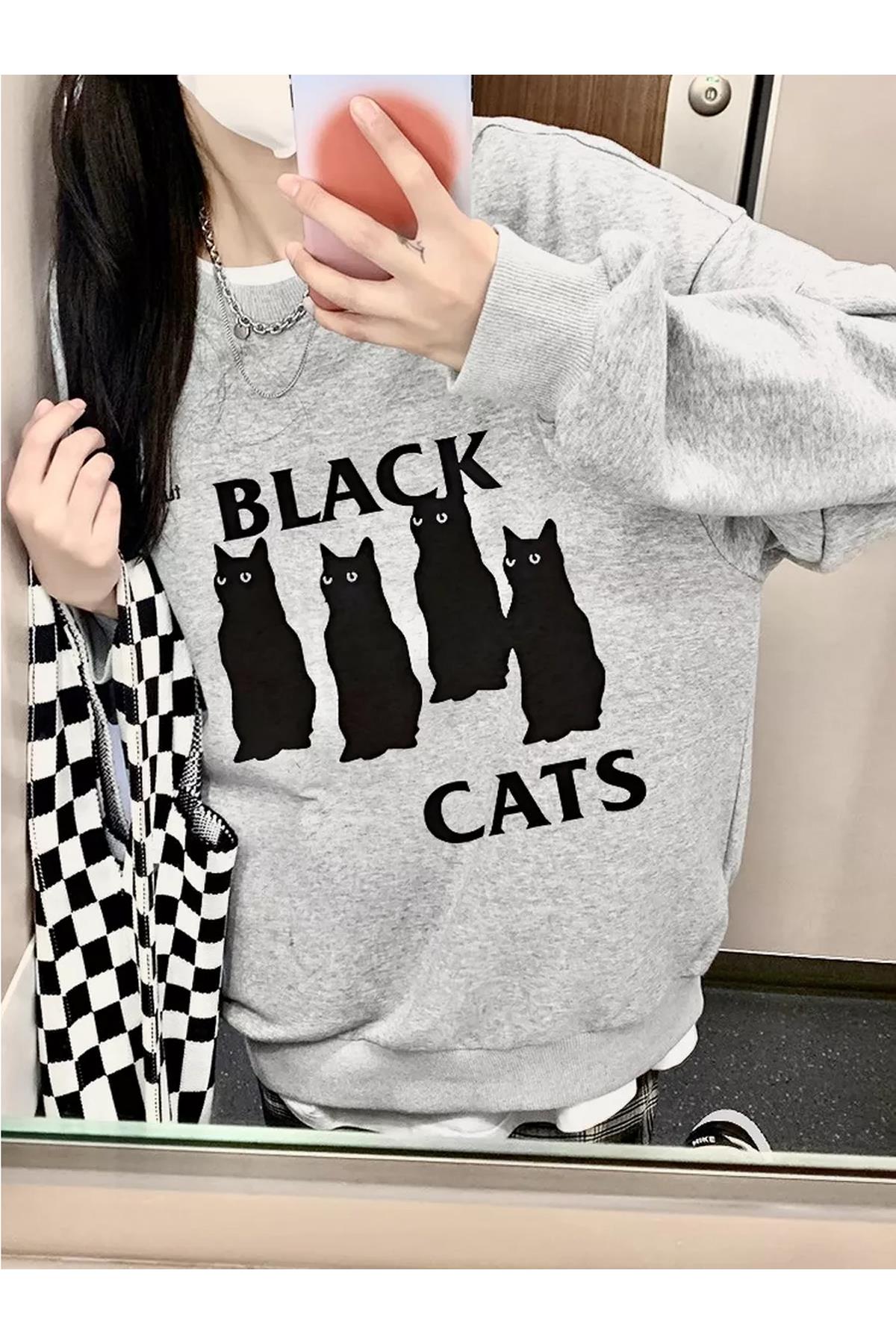 Unisex Black Cats Bisiklet Yaka Sweatshirt Gri