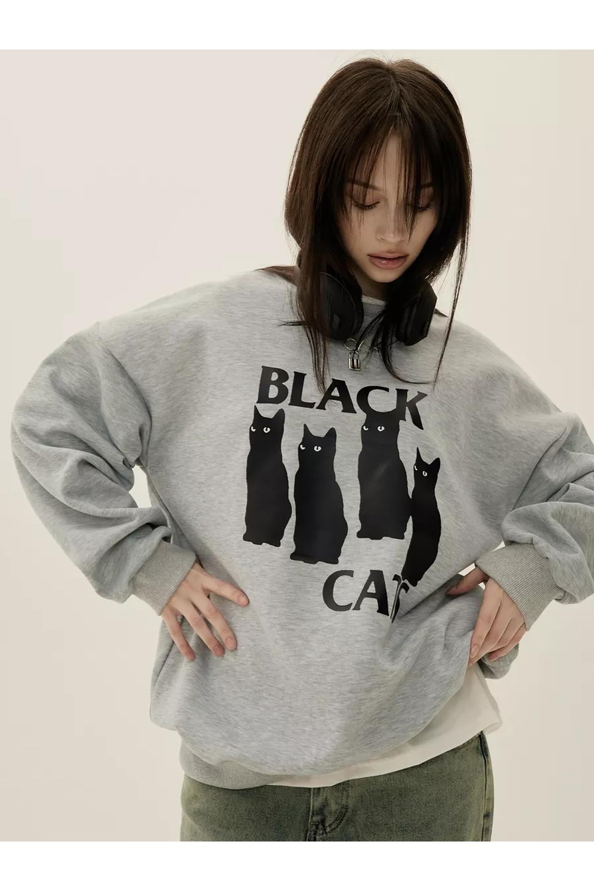Unisex Black Cats Bisiklet Yaka Sweatshirt Gri