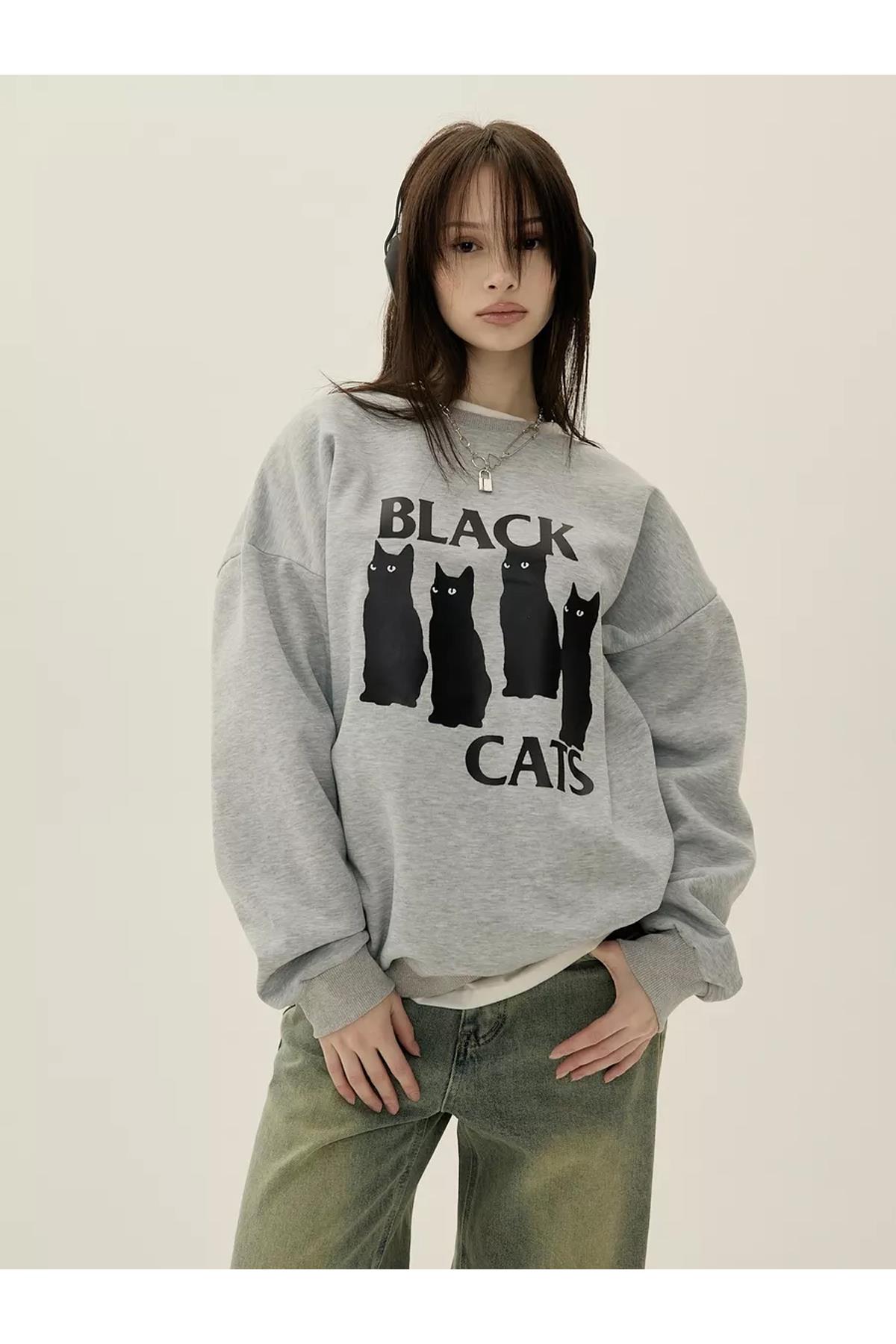 Unisex Black Cats Bisiklet Yaka Sweatshirt Gri