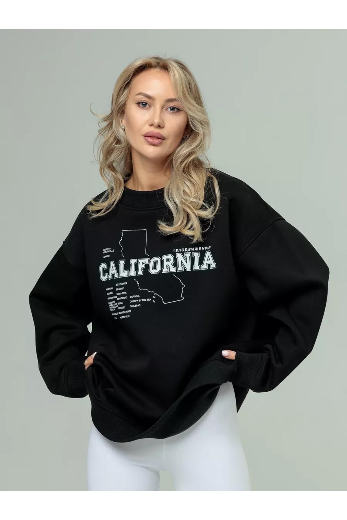 Unisex California Bisiklet Yaka Sweatshirt Siyah