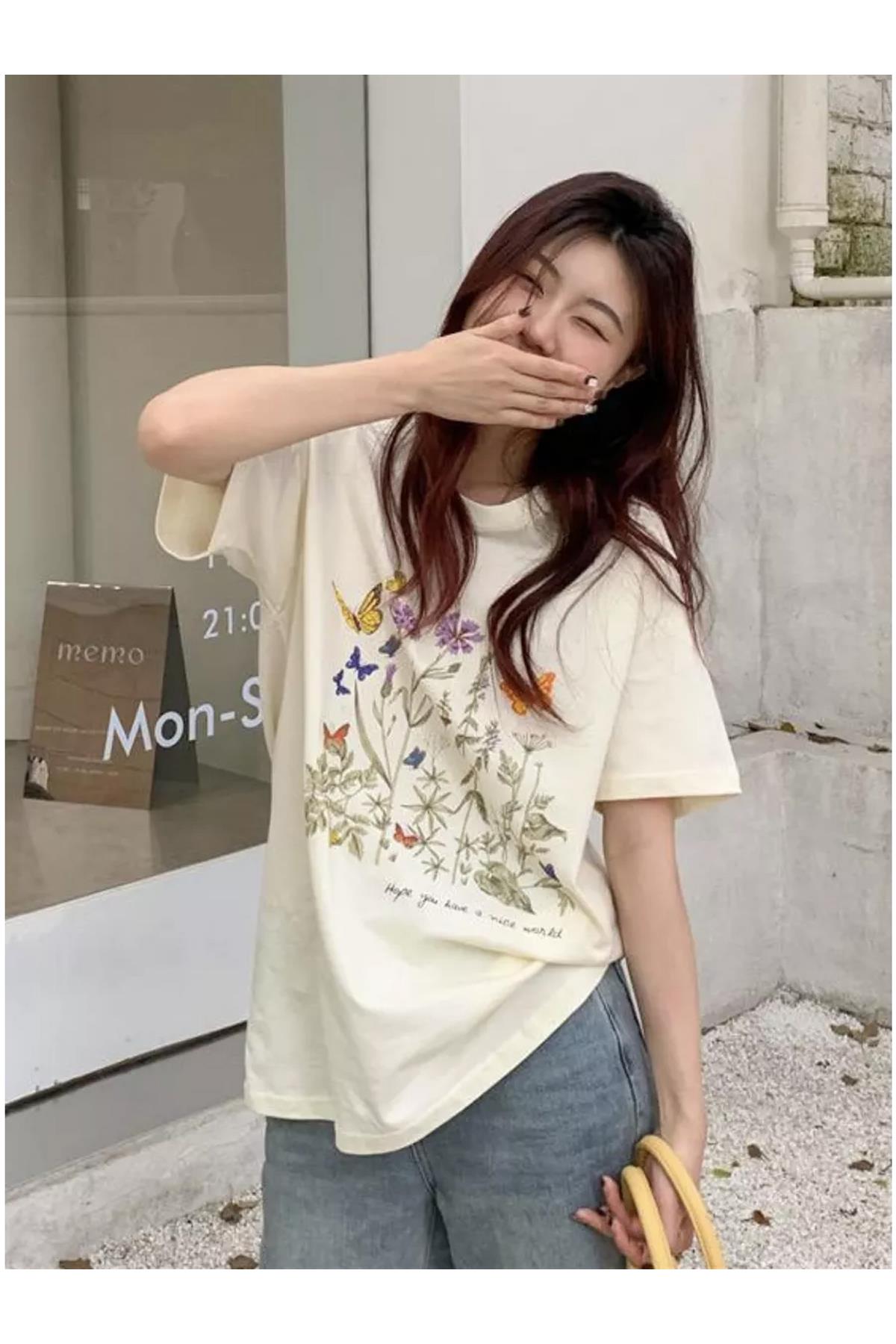 Unisex Flowers Tshirt Beyaz