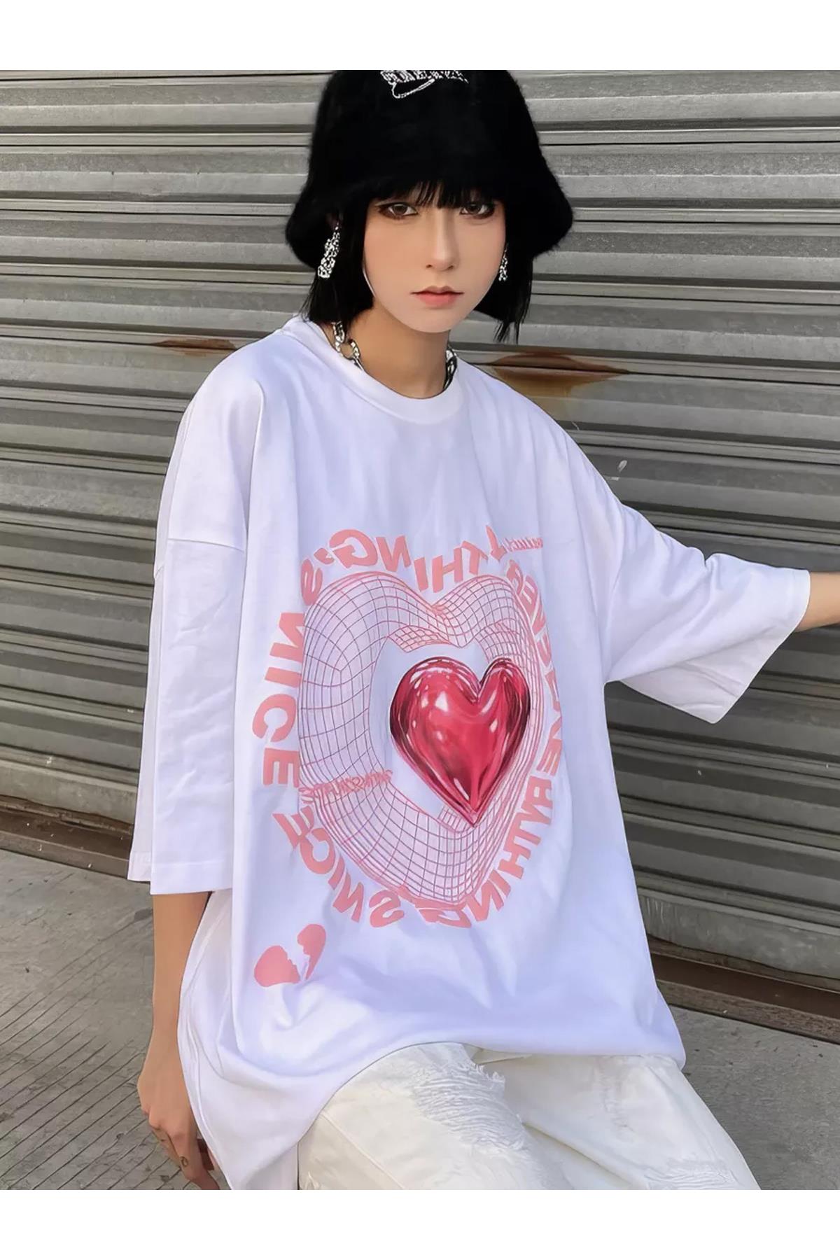 Unisex Heart Every Since Tshirt Beyaz