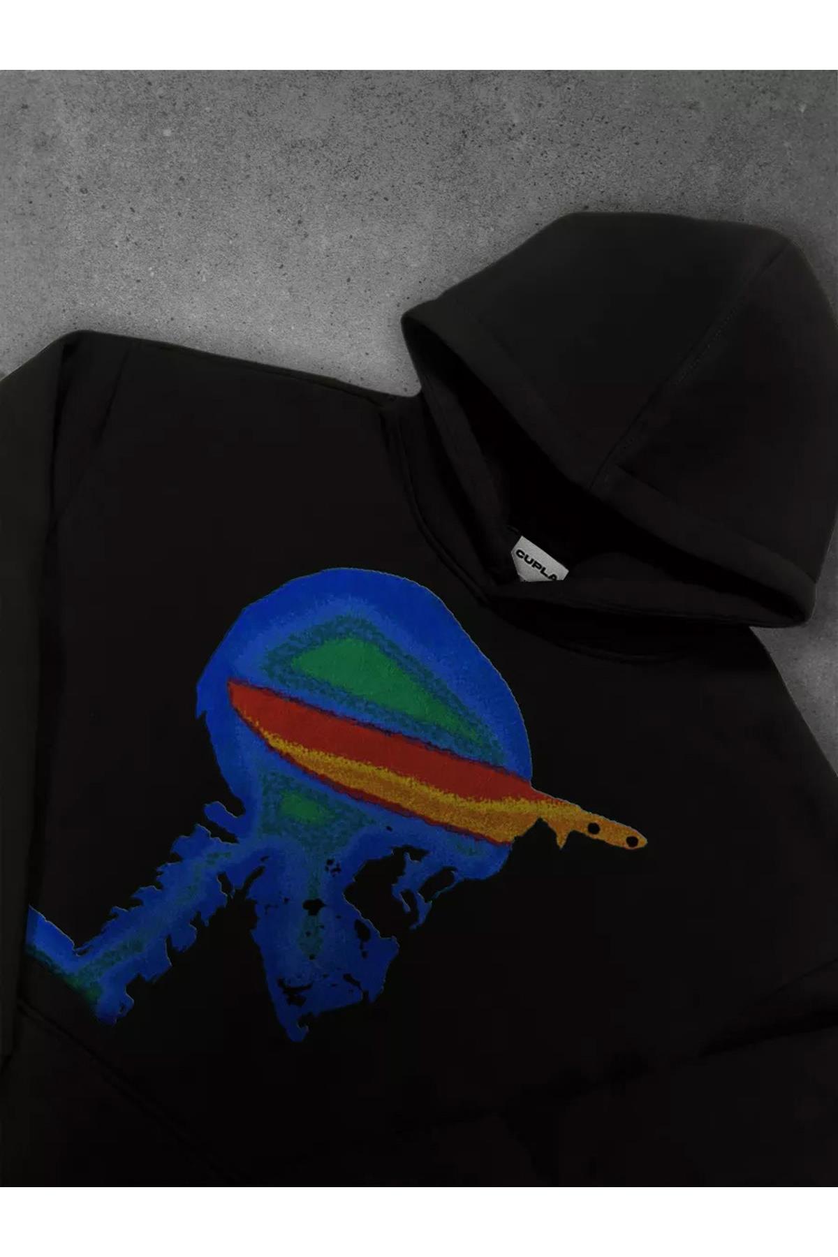 Unisex Knife in Skull Sweatshirt Siyah