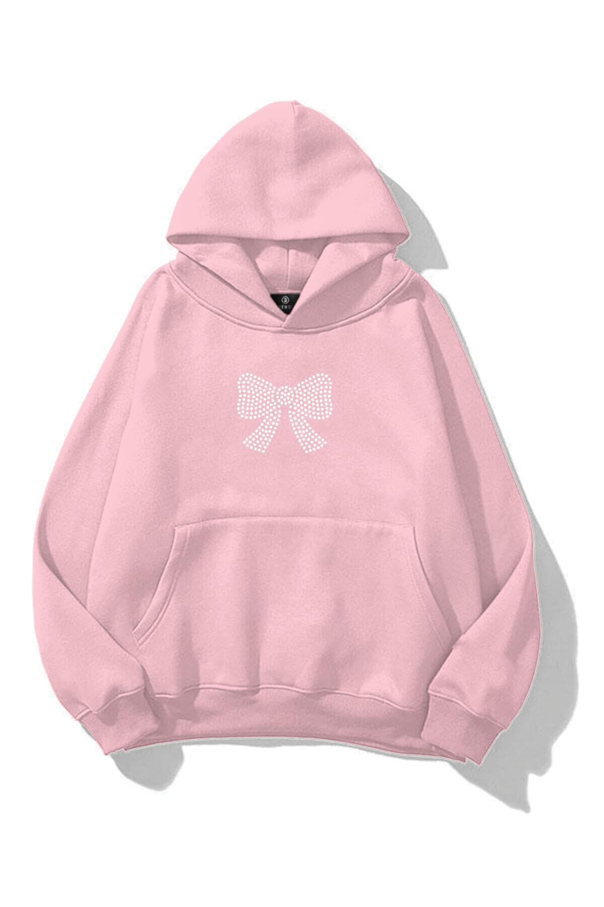 Unisex Kurdele Taş Baskılı Sweatshirt Pembe