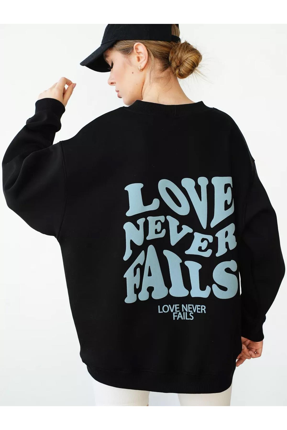 Unisex Love Never Fails Bisiklet Yaka Sweatshirt Siyah