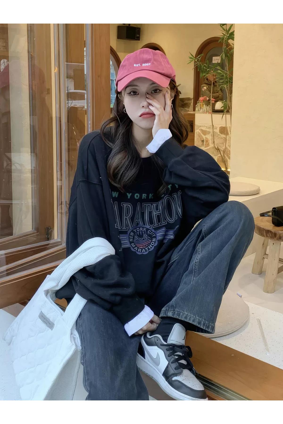 Unisex Marathon Bisiklet Yaka Sweatshirt Siyah