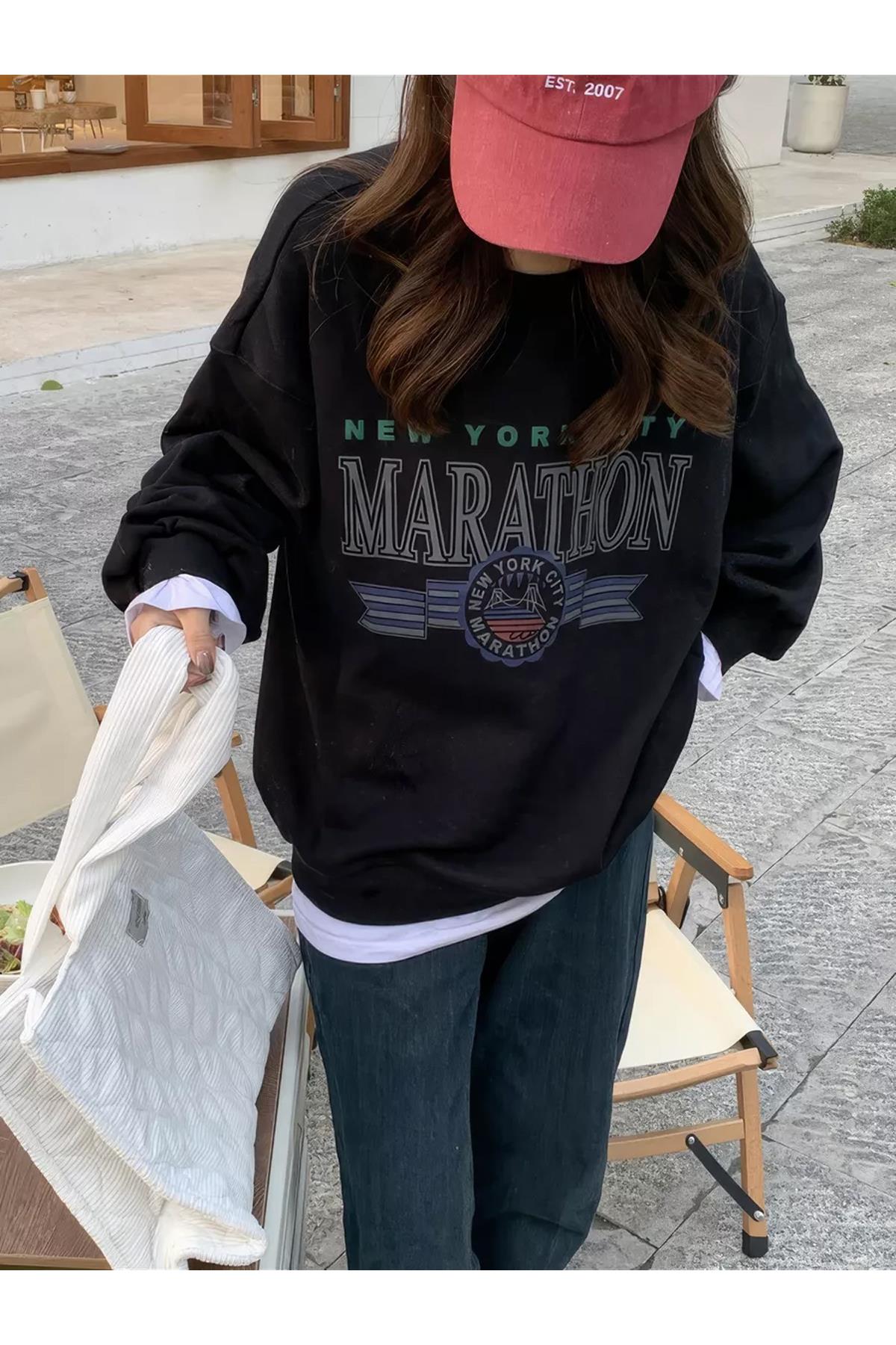 Unisex Marathon Bisiklet Yaka Sweatshirt Siyah
