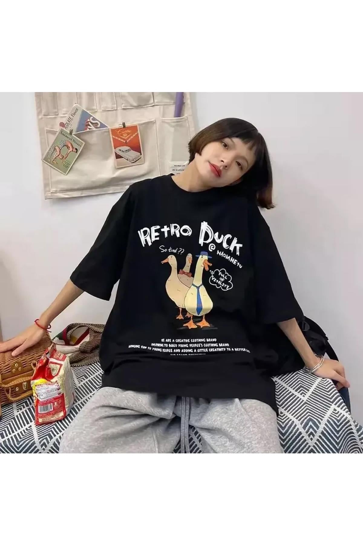 Unisex Retro Duck Tshirt Siyah