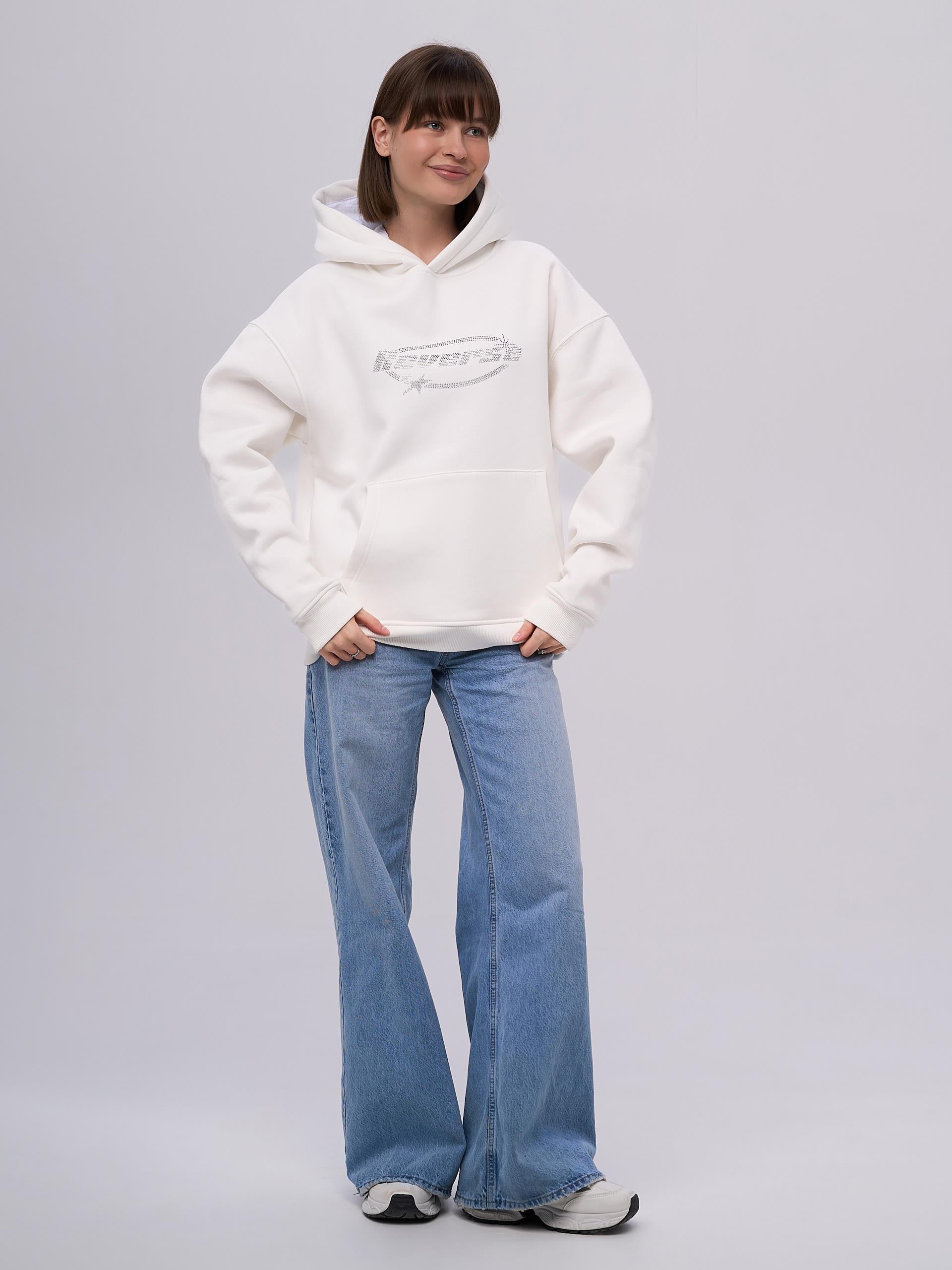 Unisex Reverse Taş Baskılı Sweatshirt Beyaz