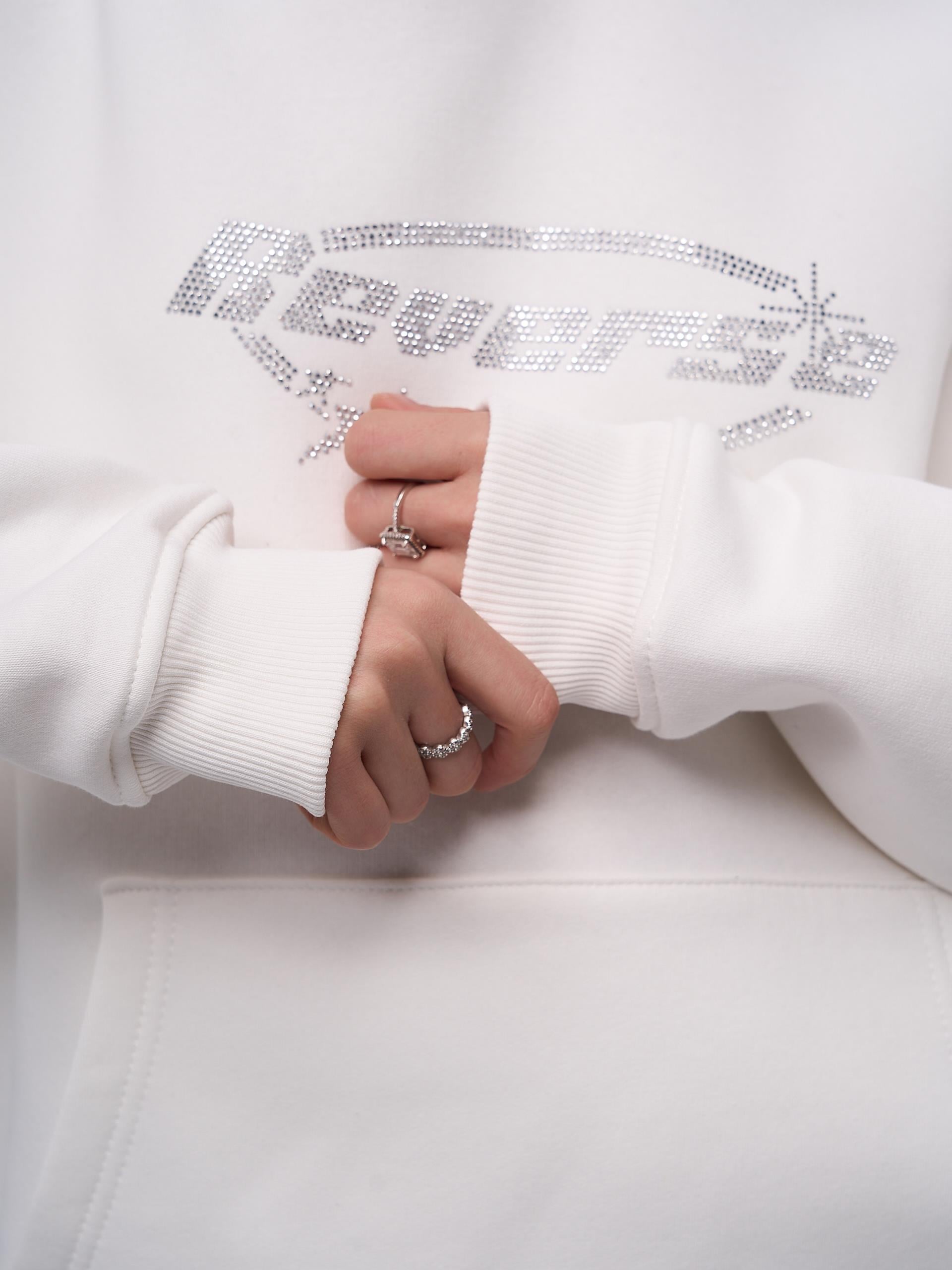 Unisex Reverse Taş Baskılı Sweatshirt Beyaz