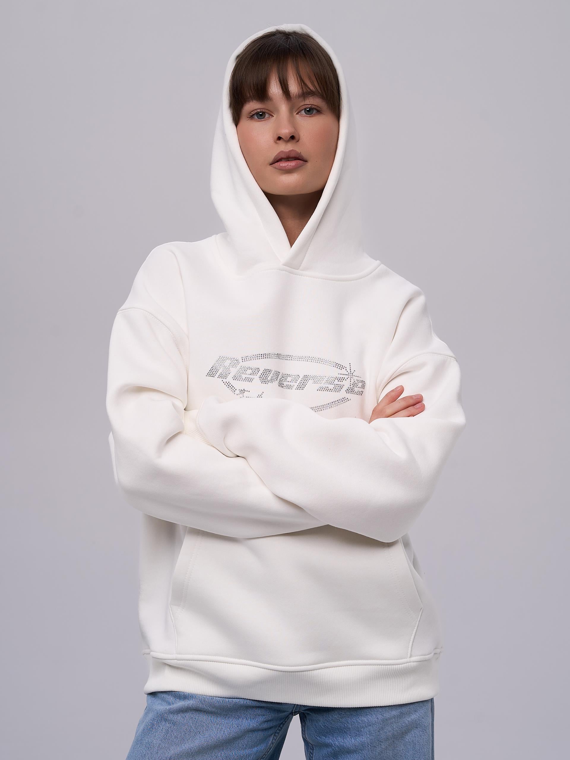 Unisex Reverse Taş Baskılı Sweatshirt Beyaz