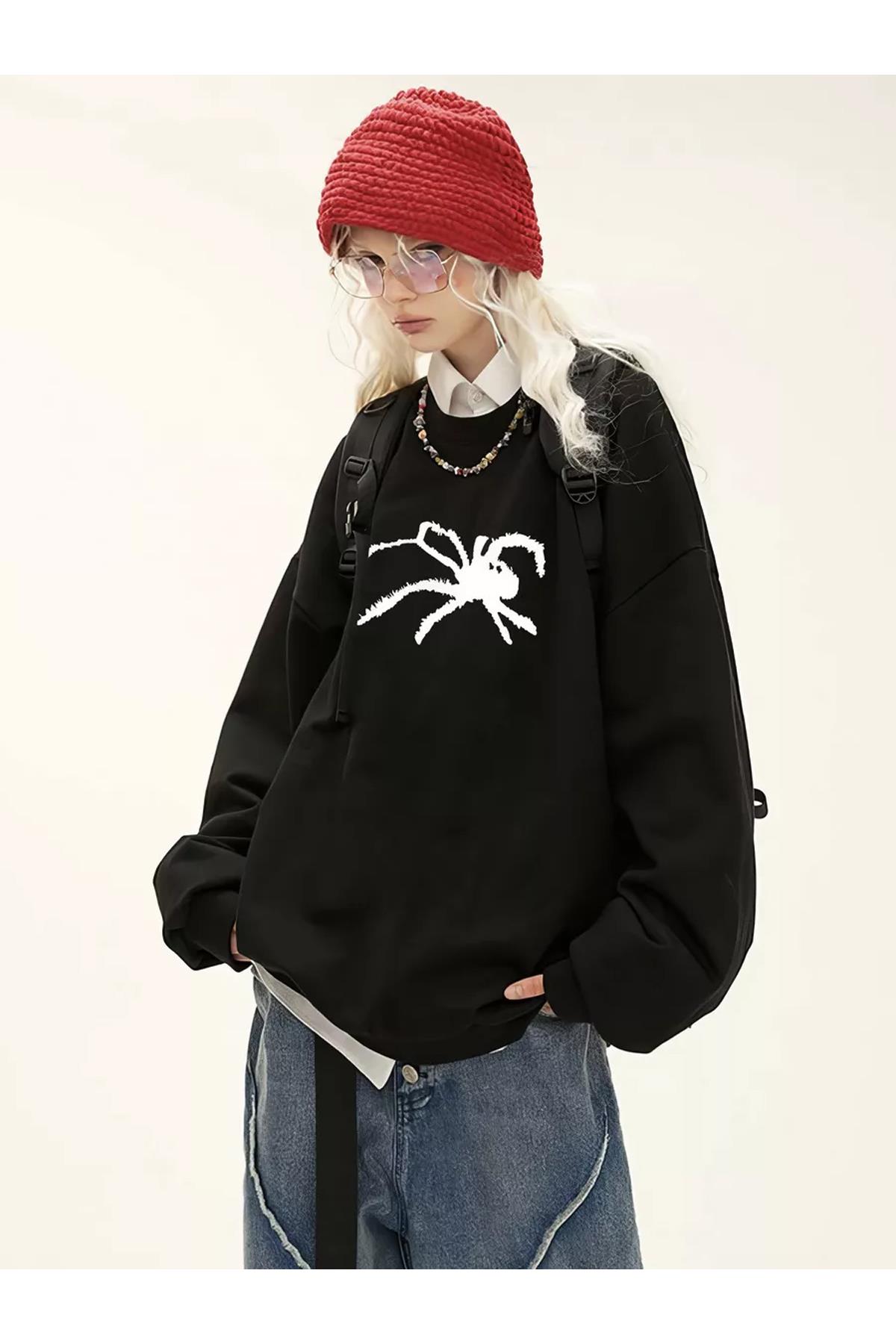 Unisex Spider Bisiklet Yaka Sweatshirt Siyah
