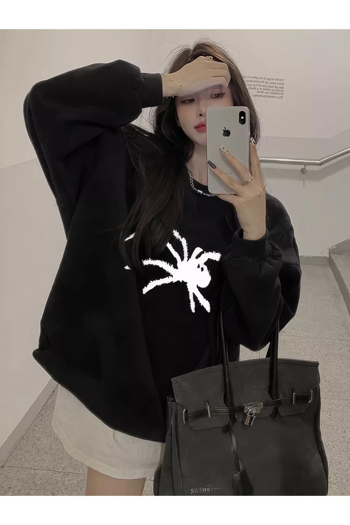Unisex Spider Bisiklet Yaka Sweatshirt Siyah