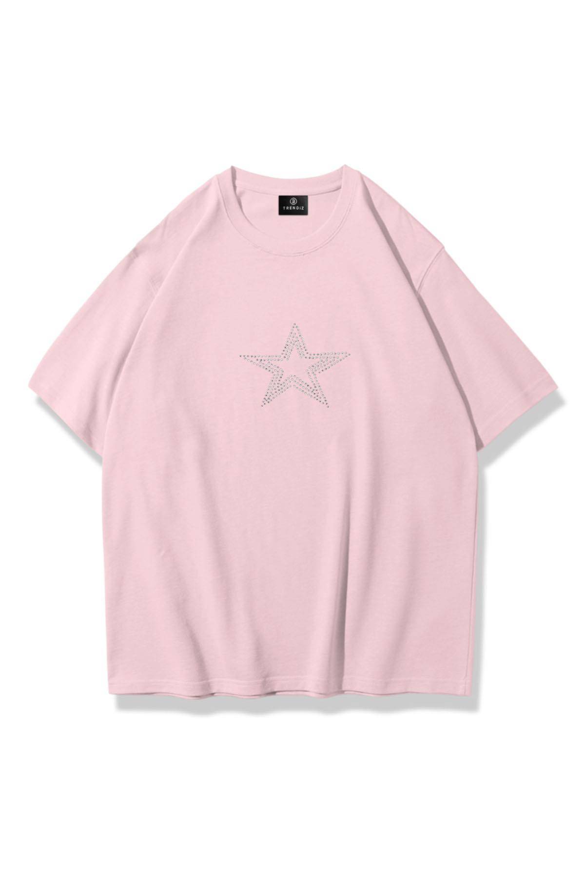 Unisex Star Stroke Taş Baskılı Tshirt Pembe