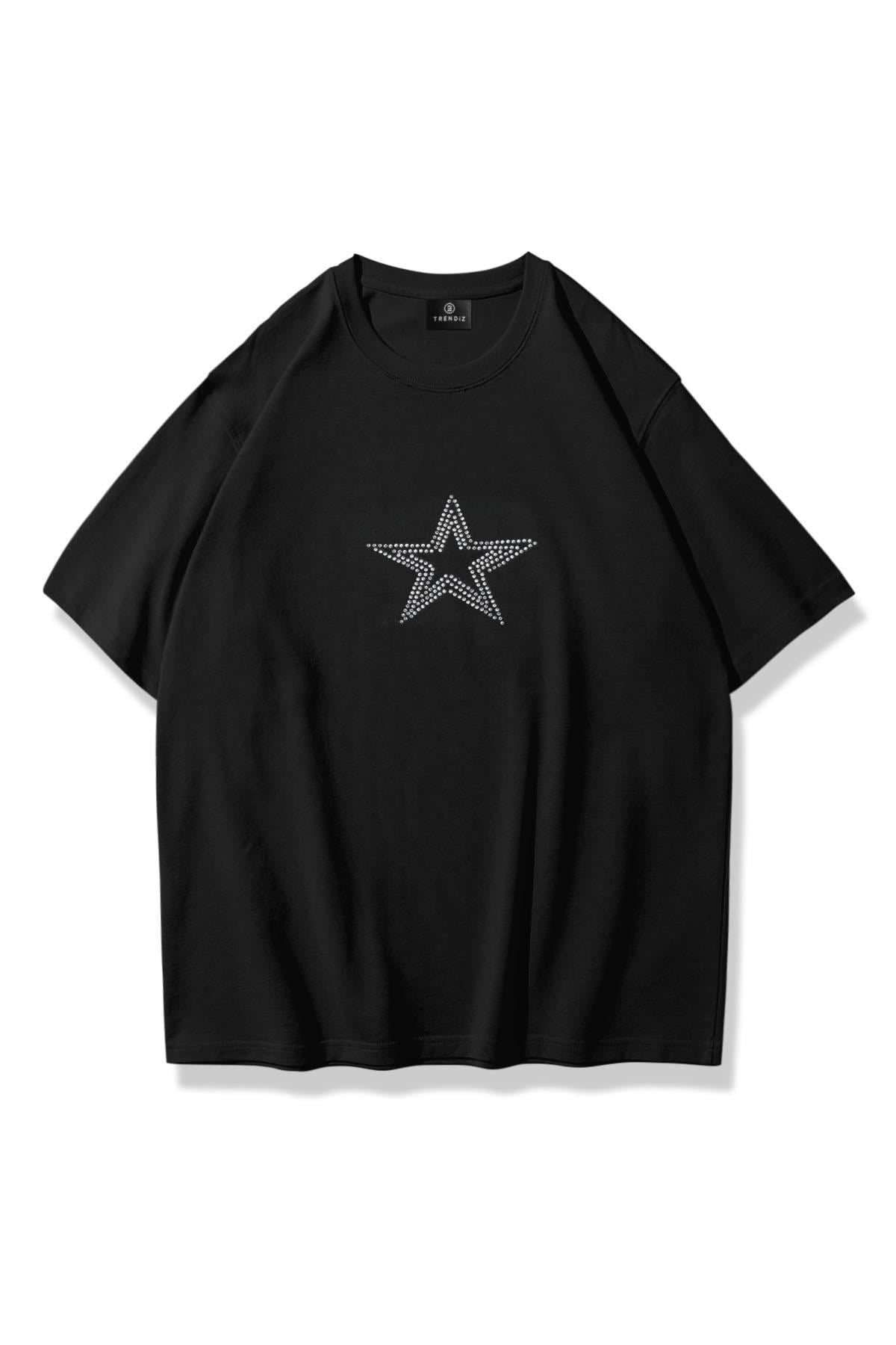 Unisex Star Stroke Taş Baskılı Tshirt Siyah