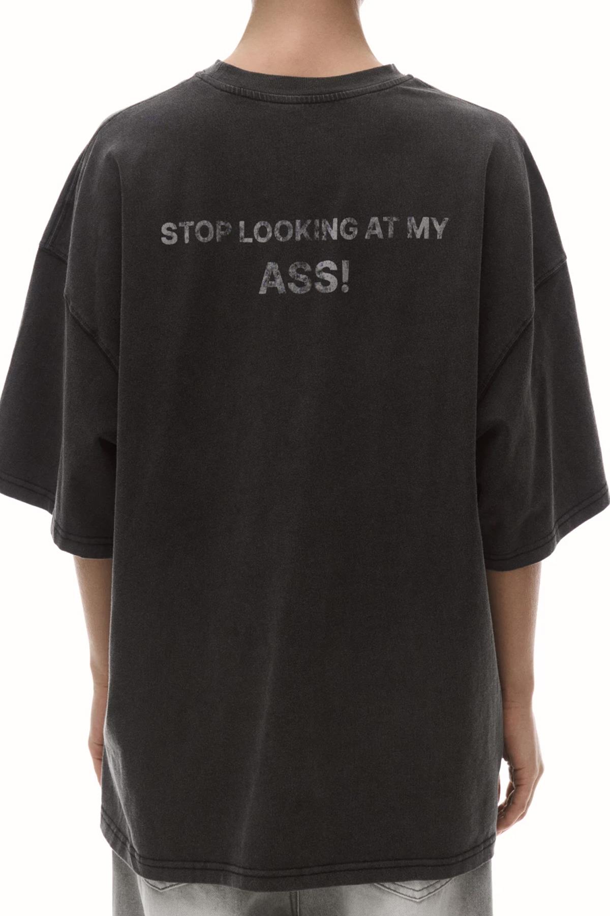 Unisex Stop Looking at My Ass Yıkamalı Tshirt Antrasit