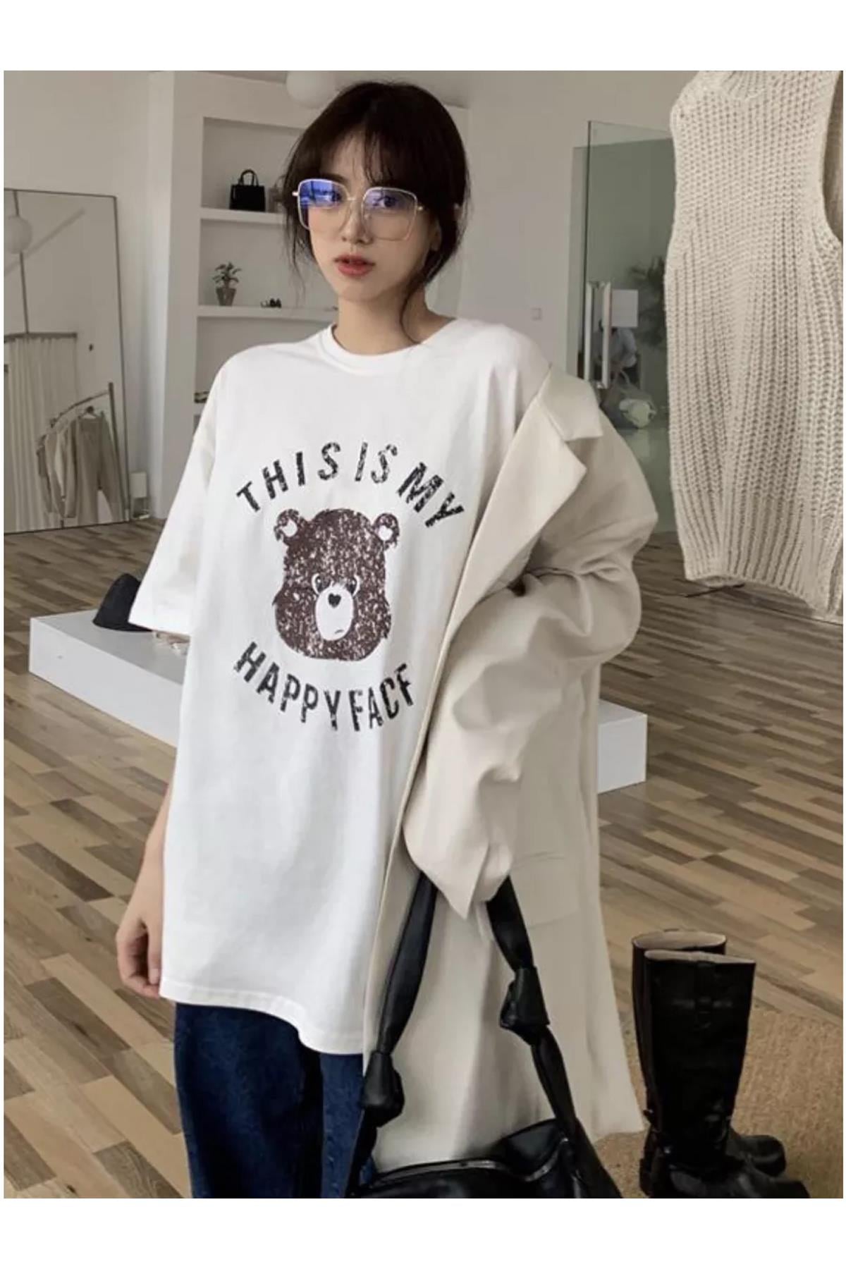 Unisex This is My Happy Face Tshirt Beyaz