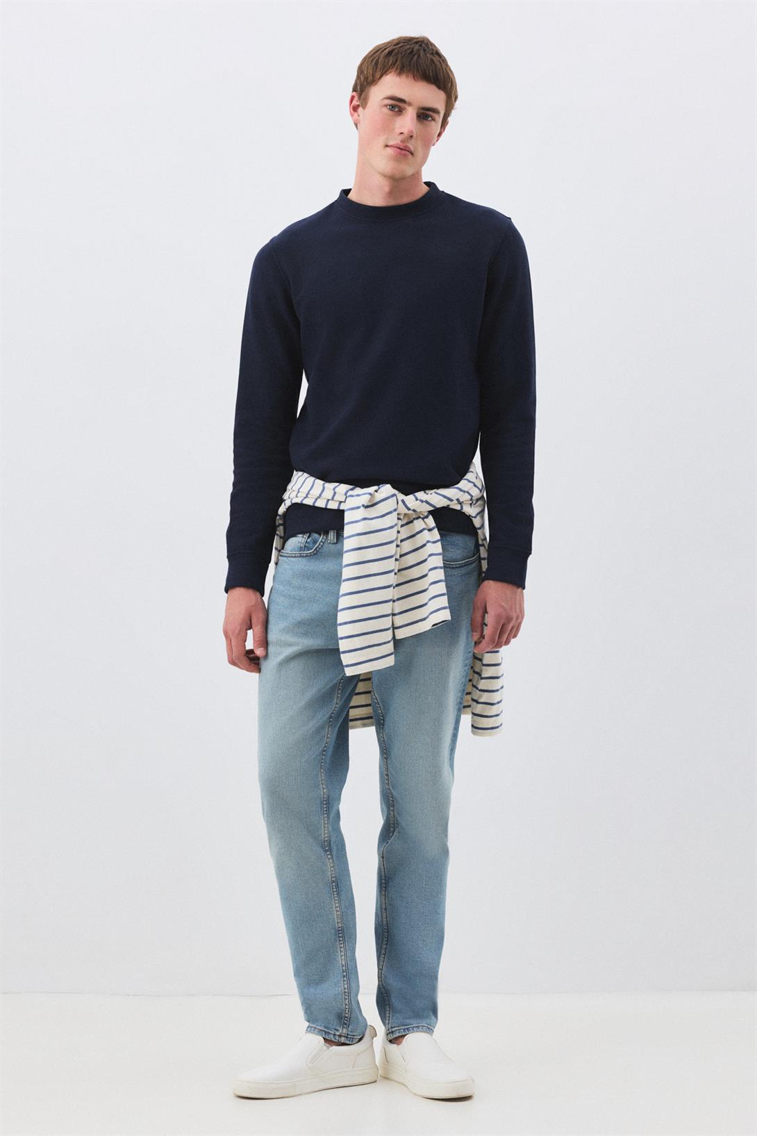 Erkek Slim Fit Pamuklu Selanik Kumaş Bisiklet Yaka Sweatshirt Lacivert