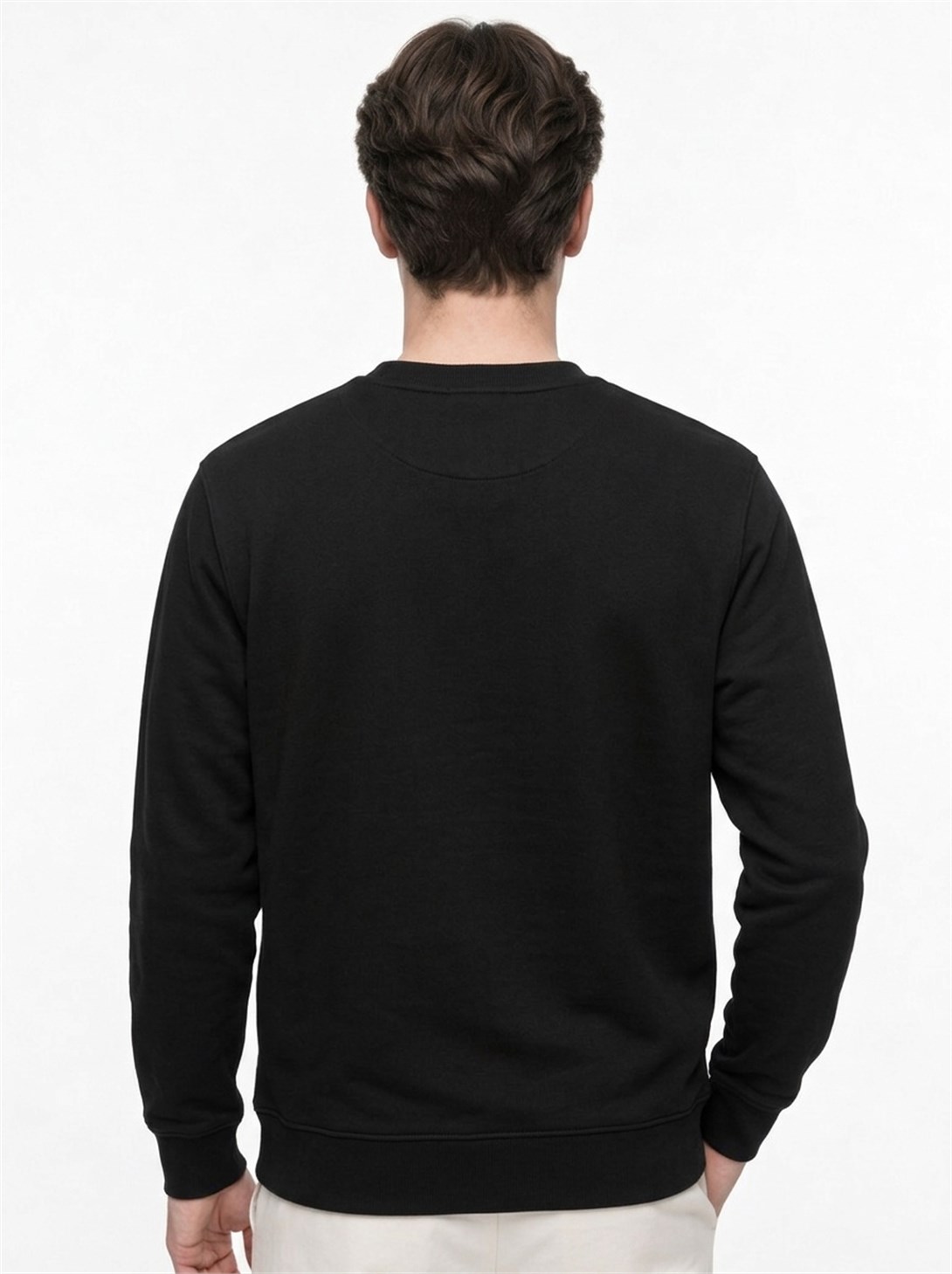 Erkek Standart Fit Normal Kesim 2 İplik Bisiklet Yaka Sweatshirt Siyah
