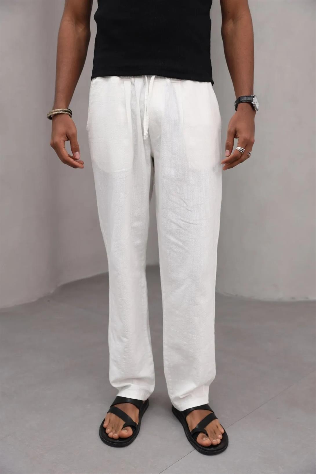 Erkek Premium Rahat Kesim %100 Cotton Bağcıklı Erkek Pantolon Beyaz