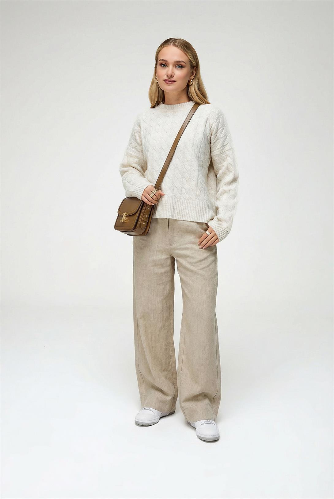 Kadın Baklava Desenli Kazak Beyaz