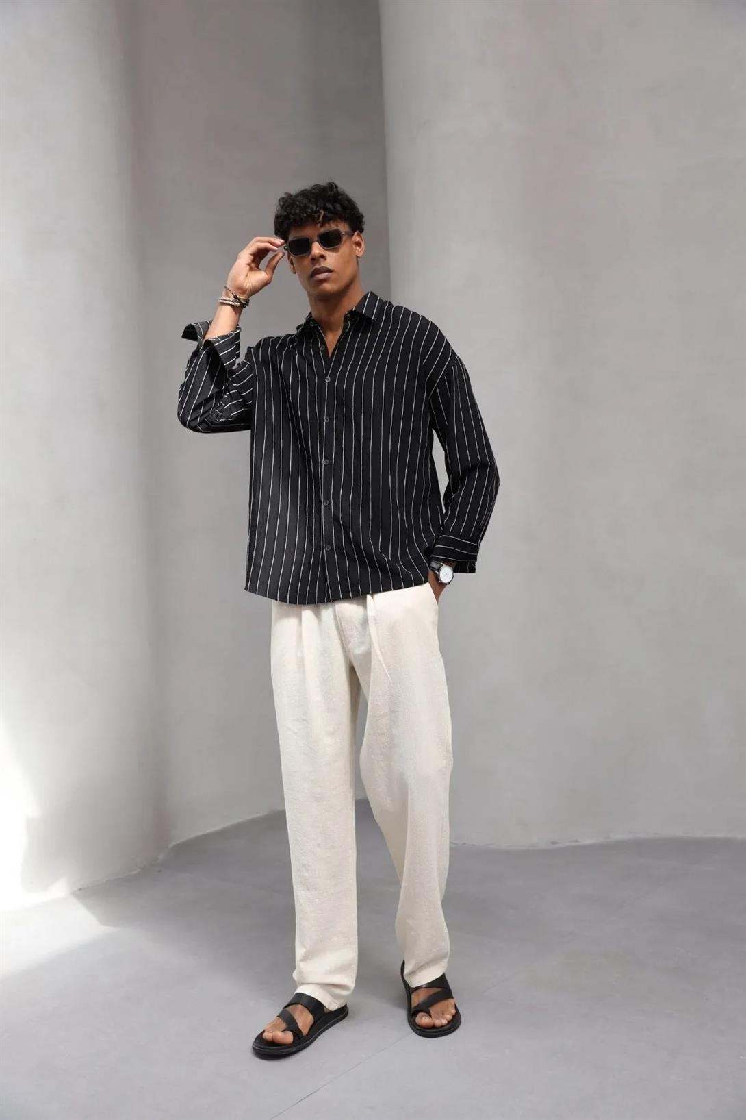 Erkek Premium Yumuşak Dokulu Çizgili Gömlek Siyah